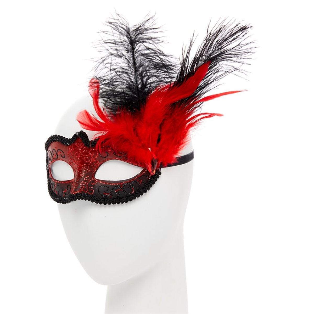 Red Masquerade Mask with Glitter & Feathers