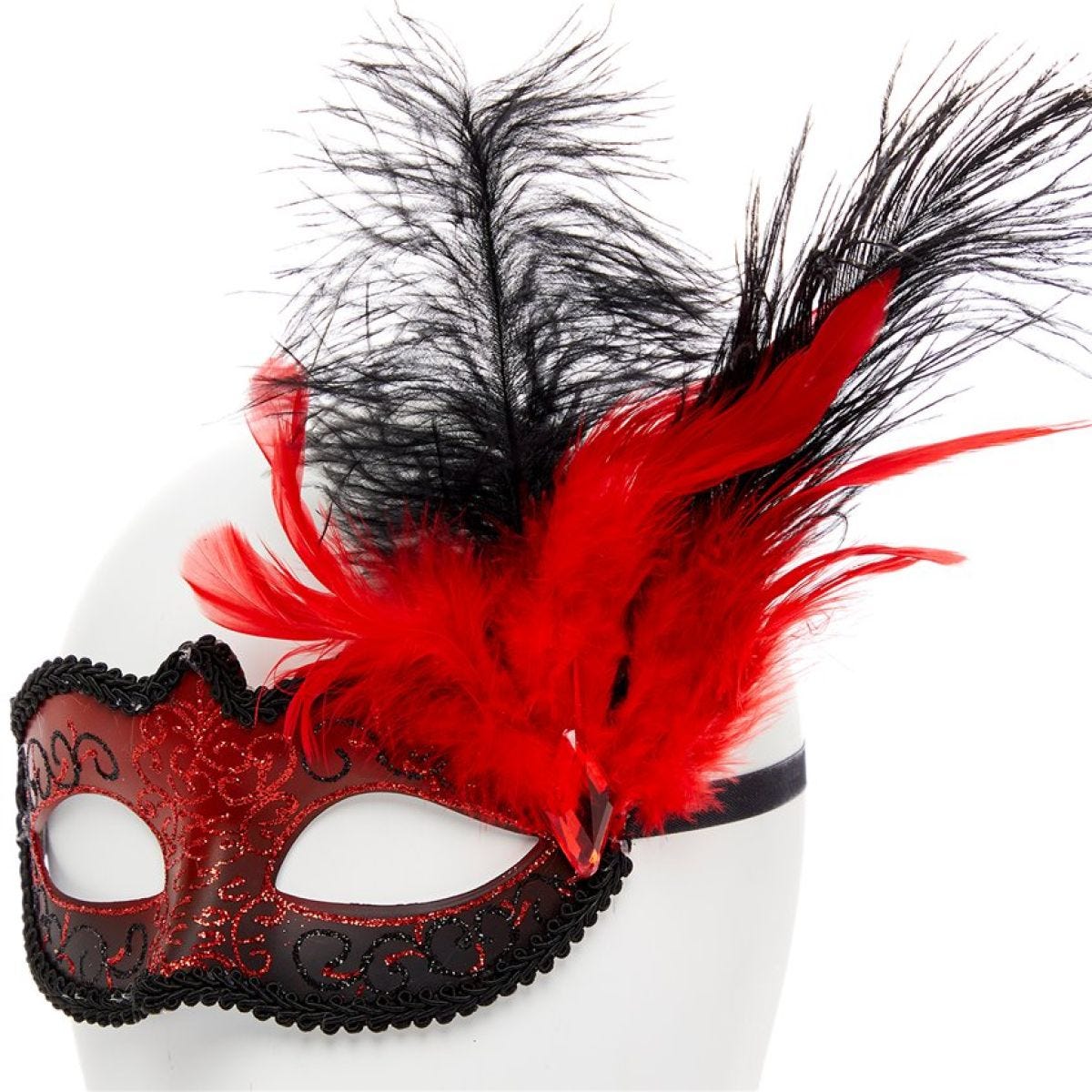 Red Masquerade Mask with Glitter & Feathers