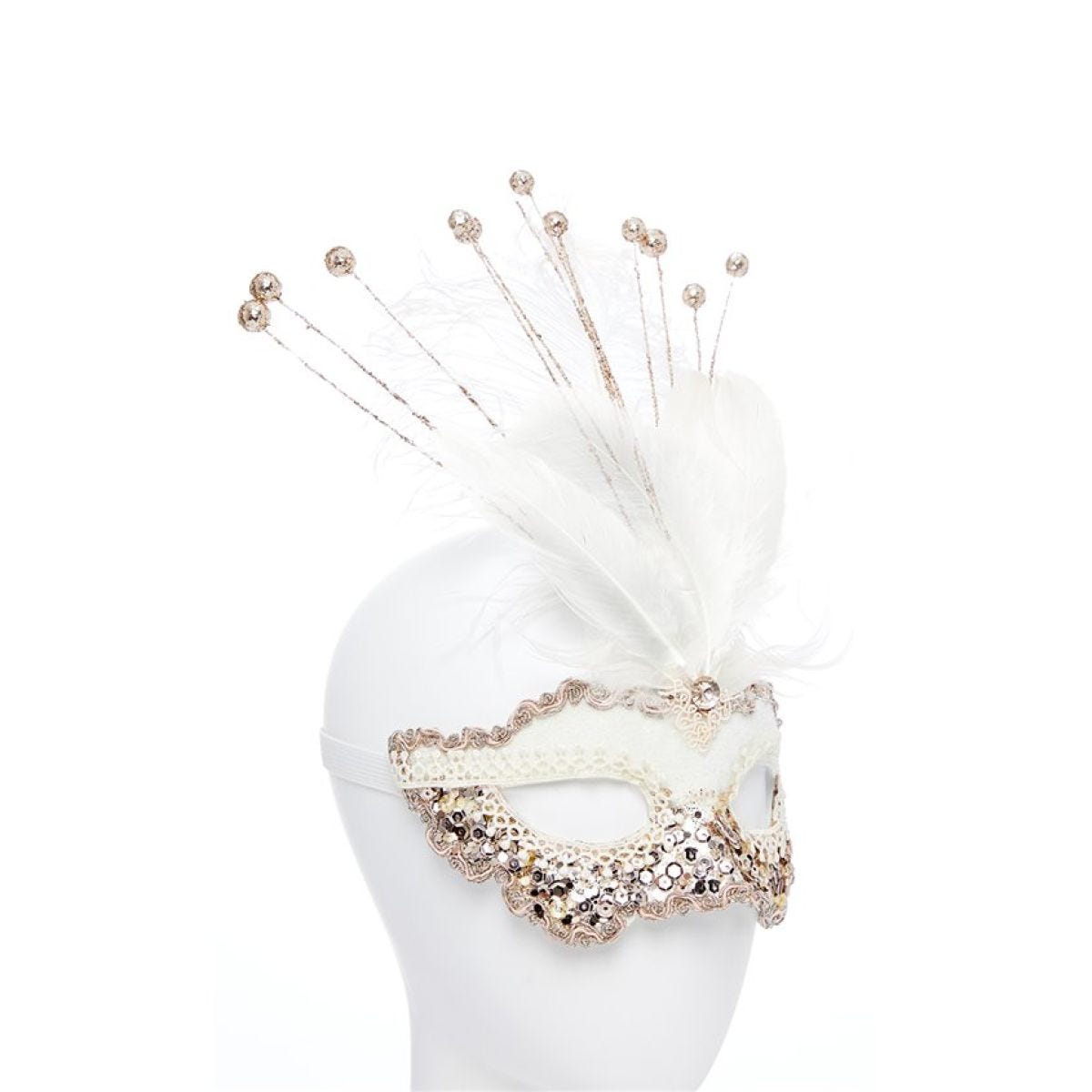 White Masquerade Mask with Sequins, Glitter & Feathers