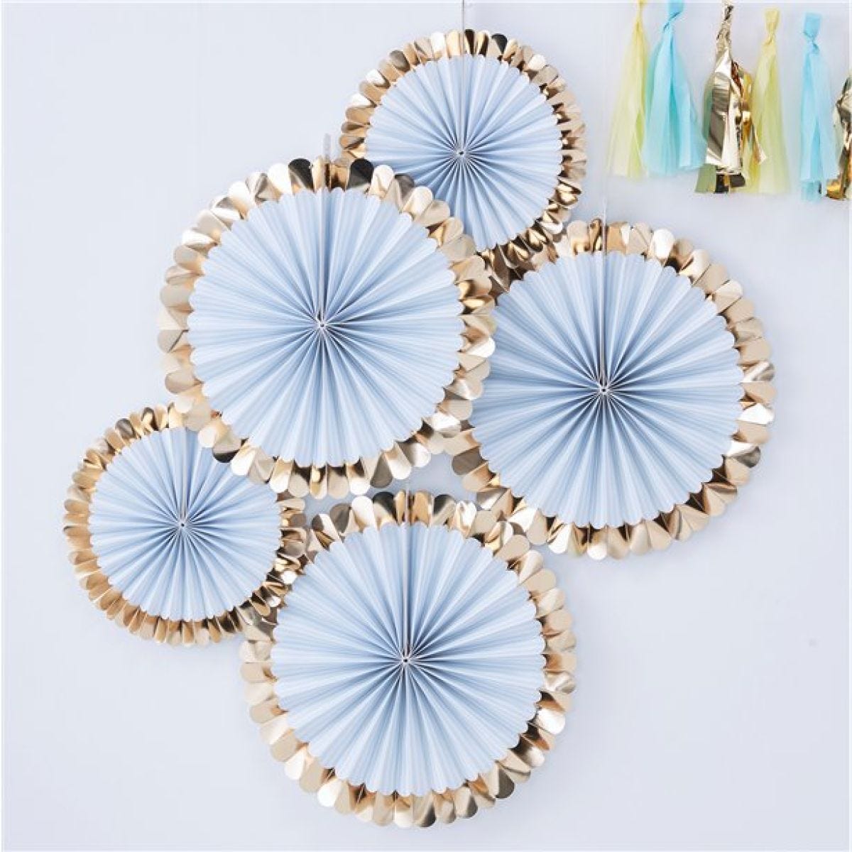 Gold Foiled Pastel Blue Paper Fan Decorations - 38cm (5pk)