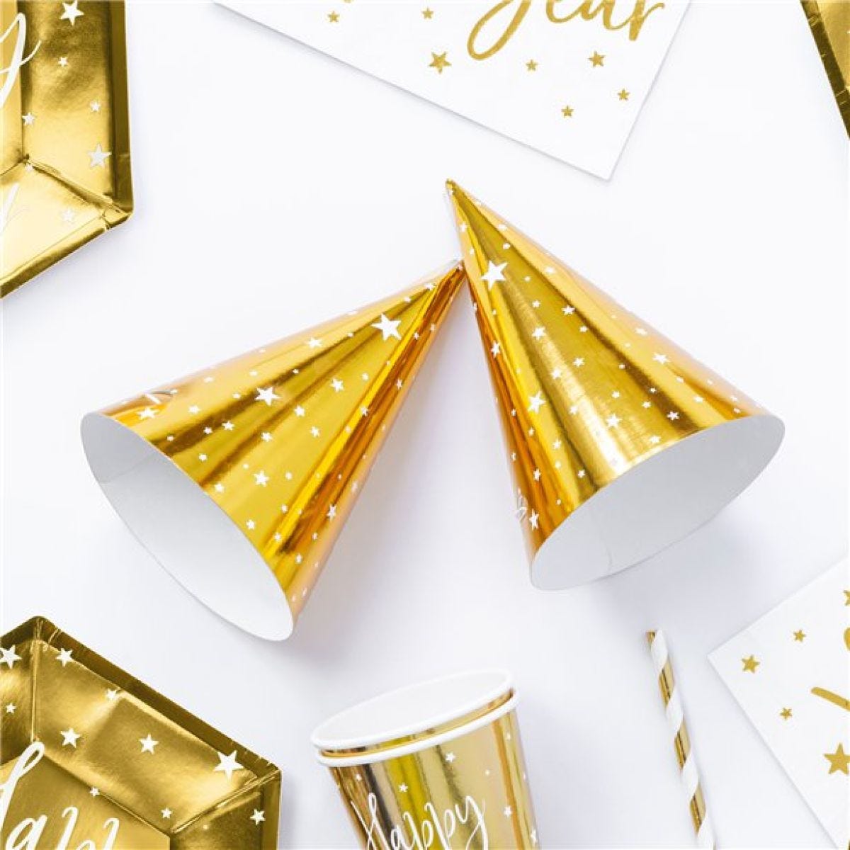 Metallic Gold Star Cone Hats (6pk)