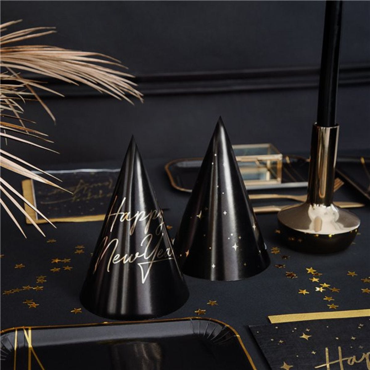 New Year Black & Gold Star Cone Hats (6pk)