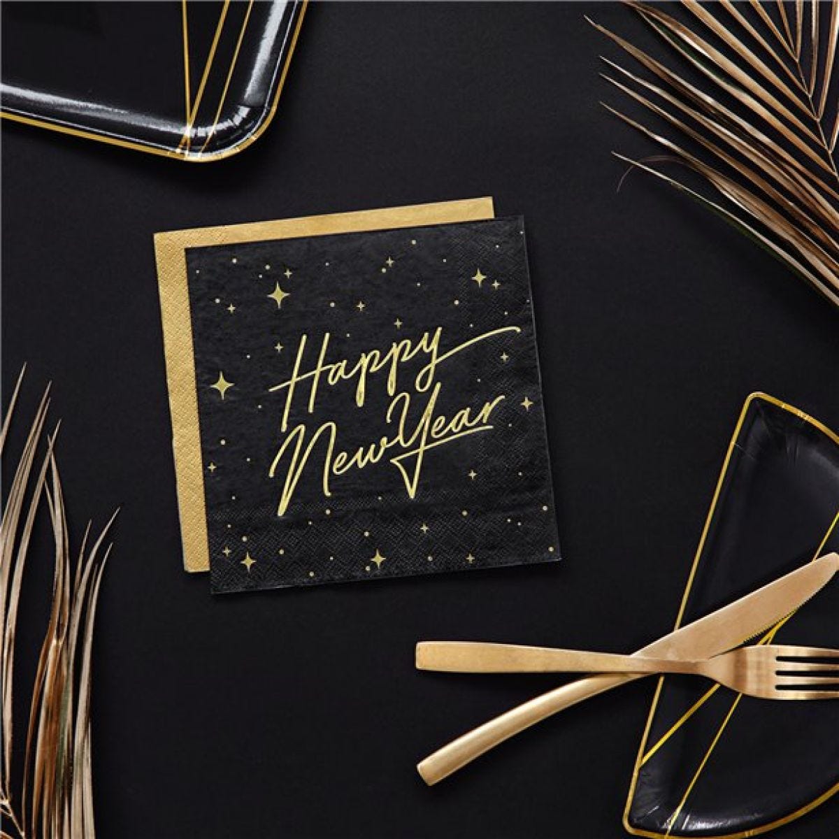 Happy New Year Black Metallic Napkins - 33cm (20pk)