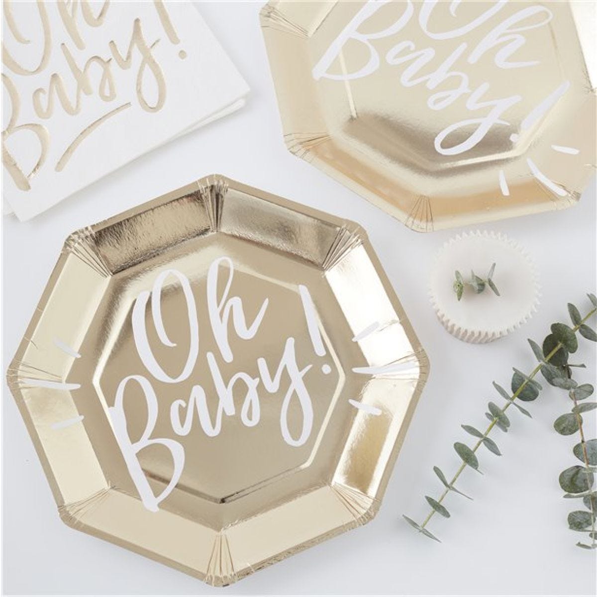 Oh Baby!&apos; Gold Foiled Paper Plates - 25cm (8pk)