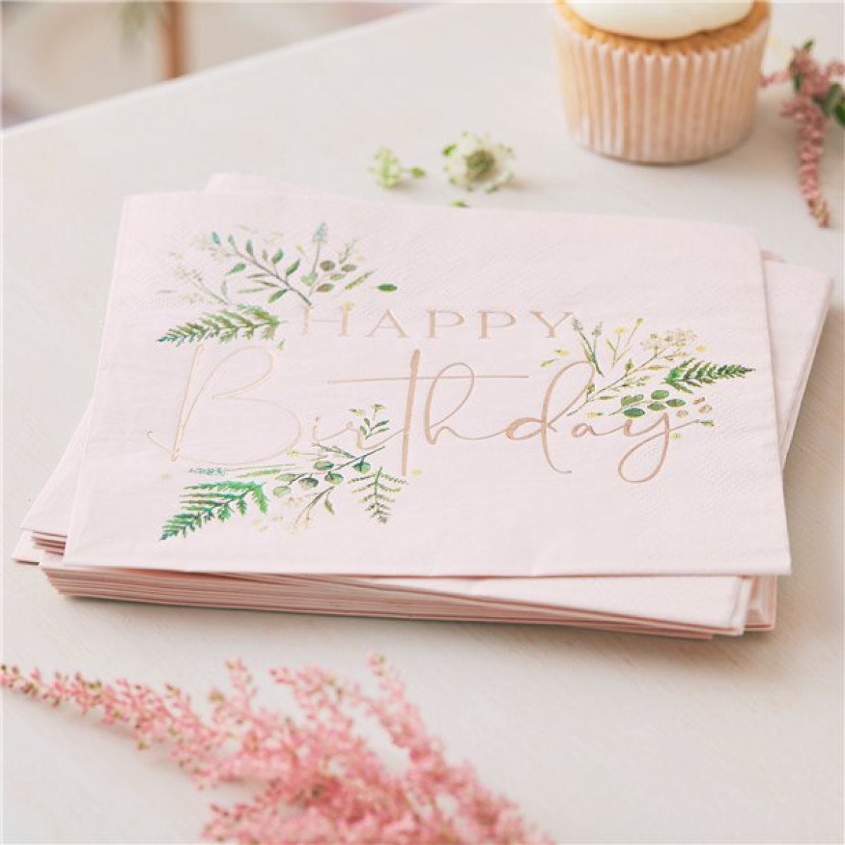 Rose Gold Floral &apos;Happy Birthday&apos; Paper Napkins - 33cm (16pk)