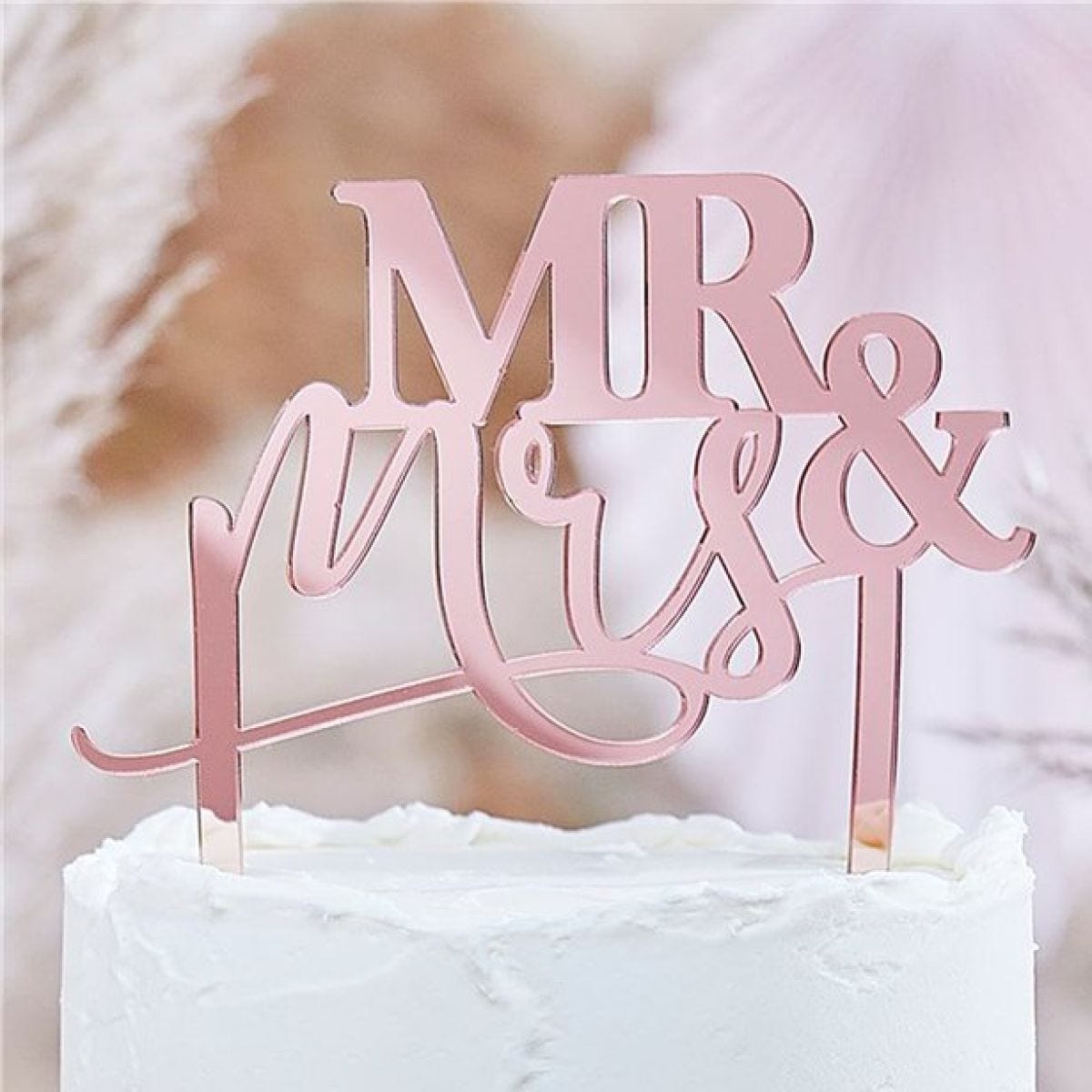 A Touch Of Pampas Rose Gold Acrylic Mr and Mrs Cake Topper - 16cm