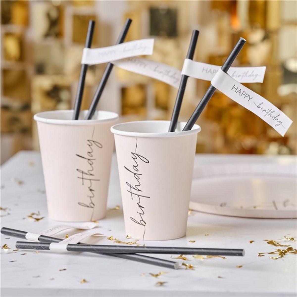 Black Happy Birthday Paper Straws