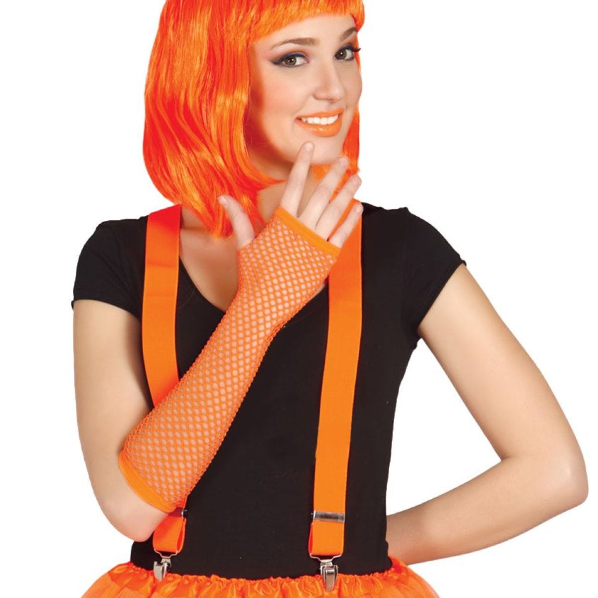 Long Orange Neon Fishnet Gloves