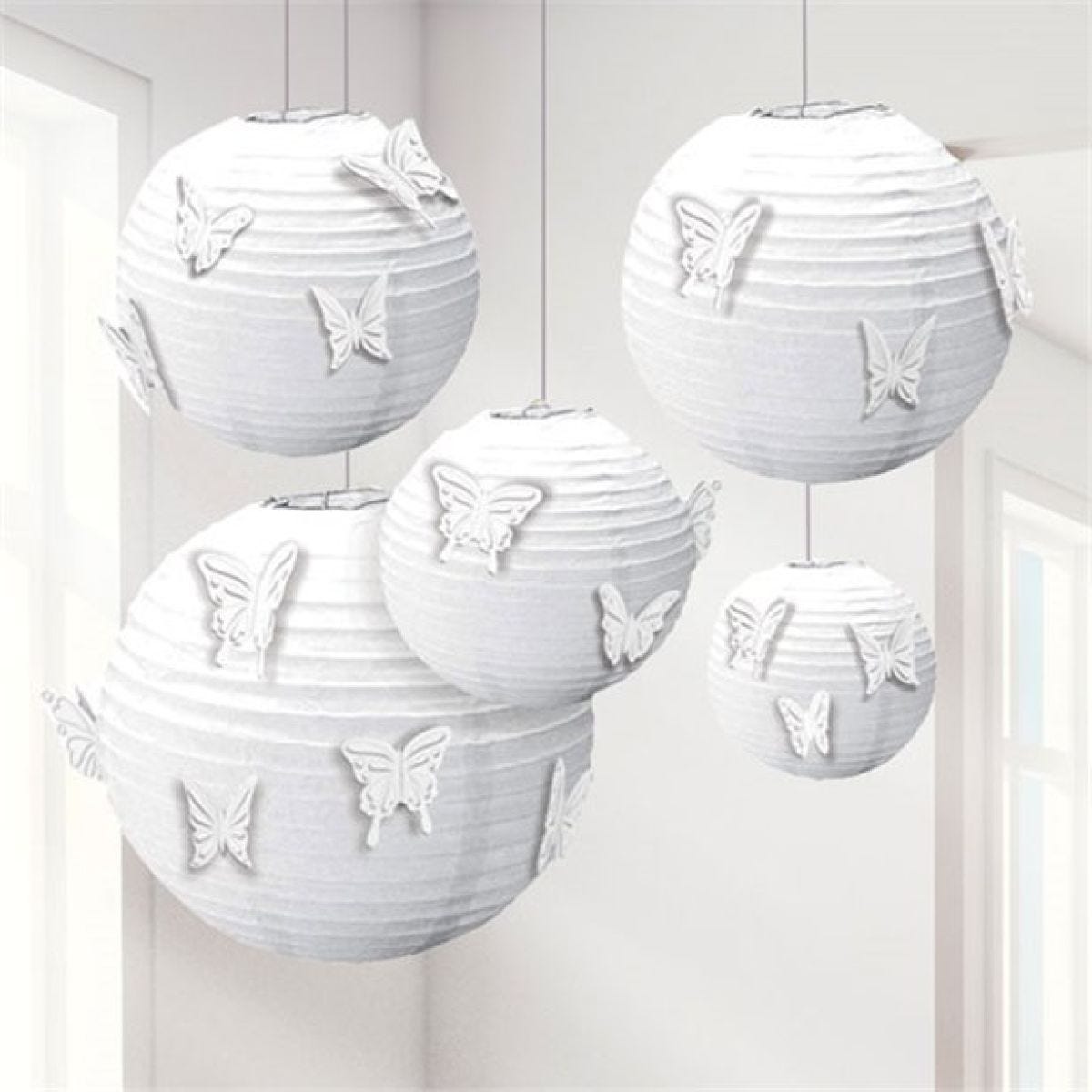 White Paper Lanterns with Butterfly Attachments