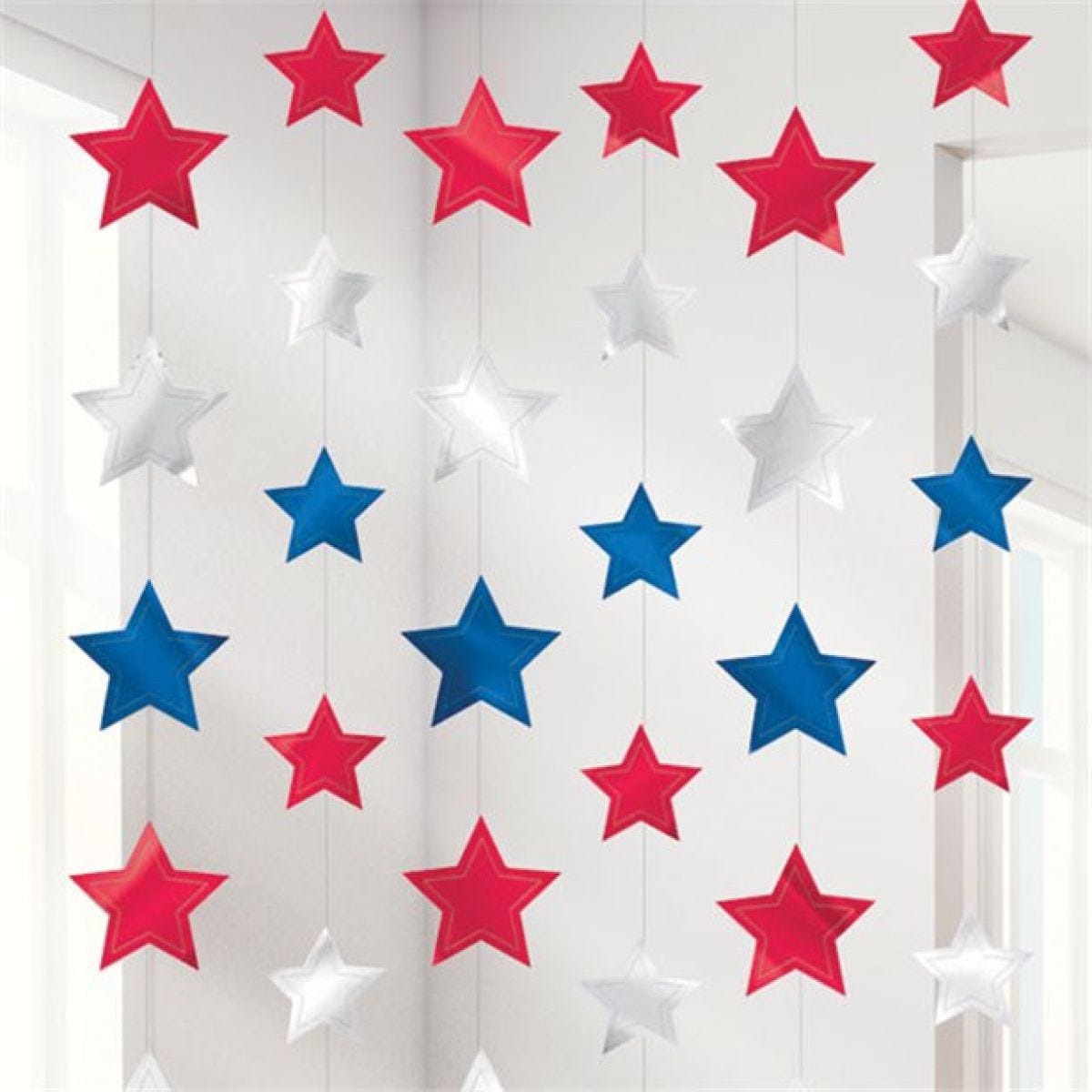 Red, Silver & Blue Star Hanging Strings Decorations - 2.1m (6pk)