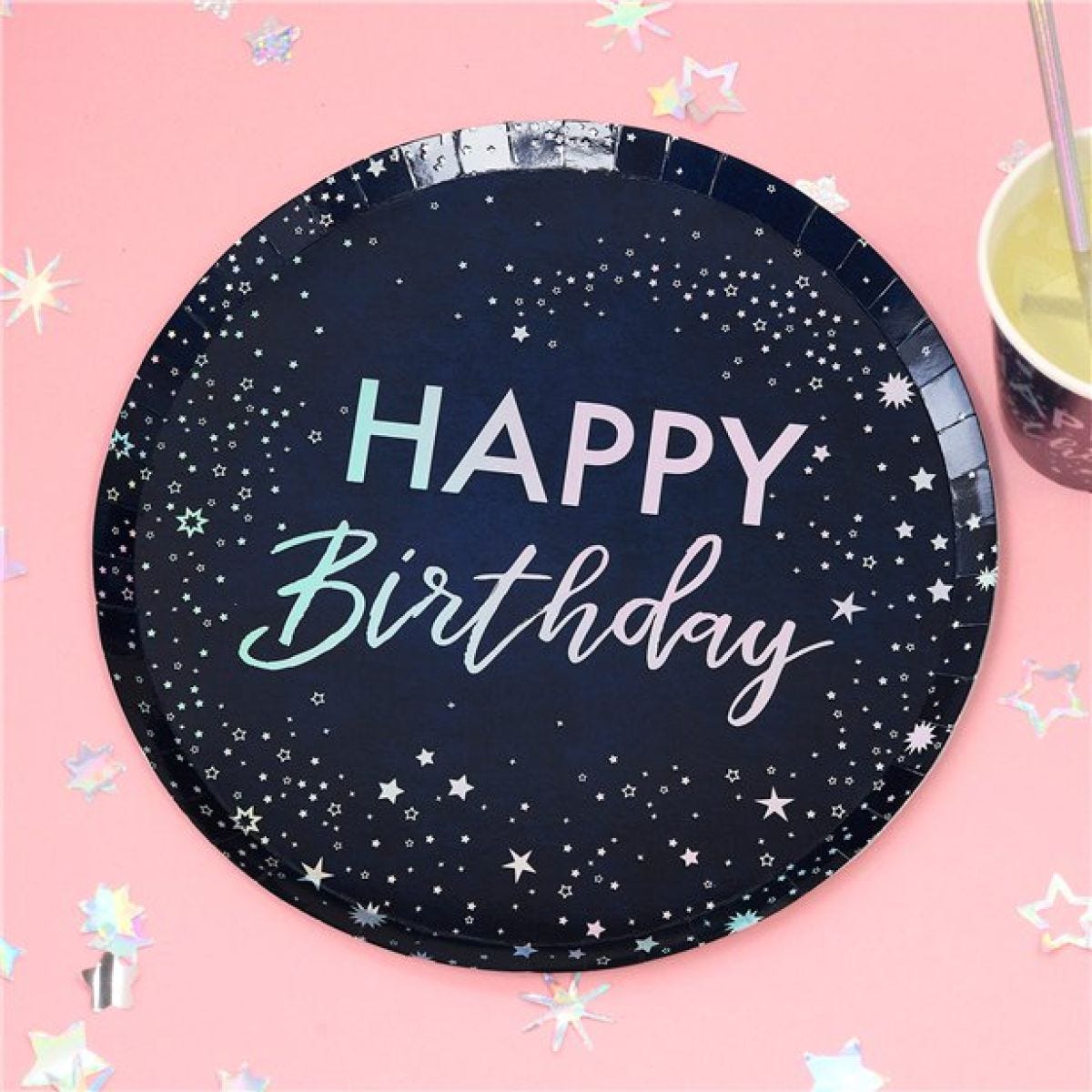 Iridescent Foiled &apos;Happy Birthday&apos; Paper Plates - 24.5cm (8pk)