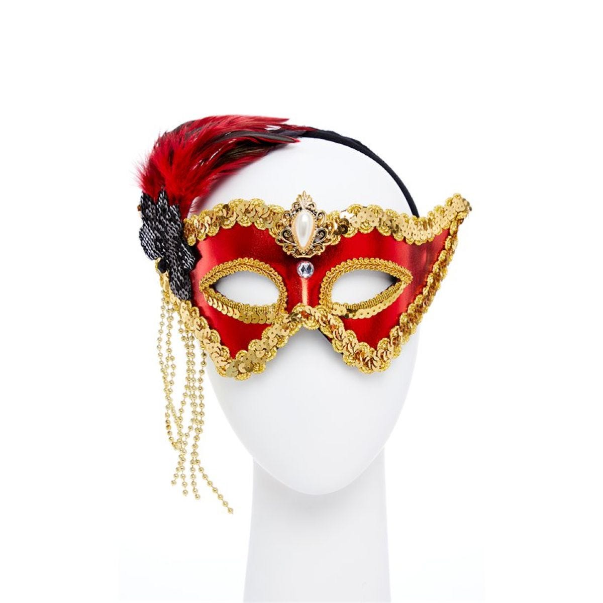 Red & Gold Masquerade Mask with Feathers & Beads