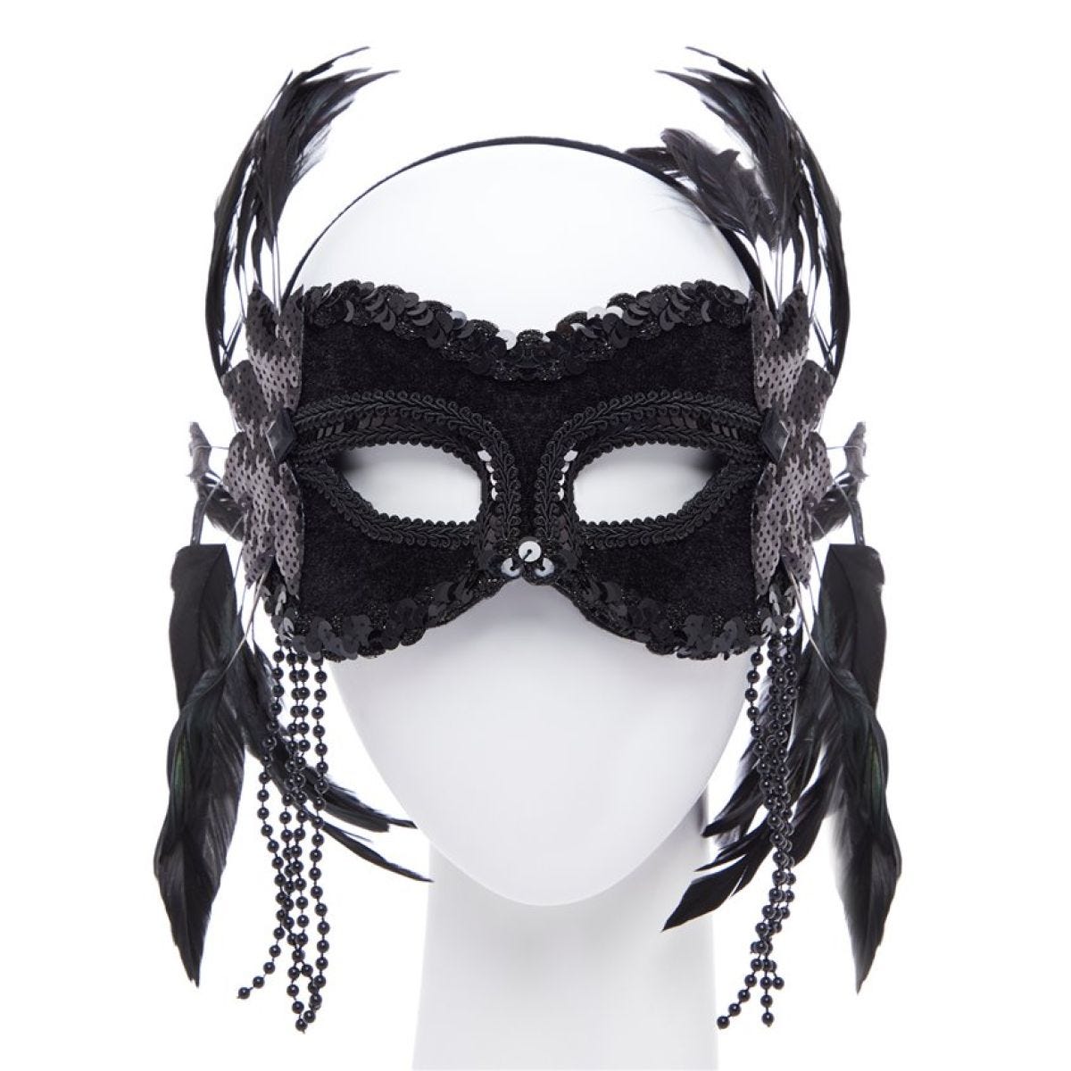 Black Masquerade Mask with Feathers & Beads