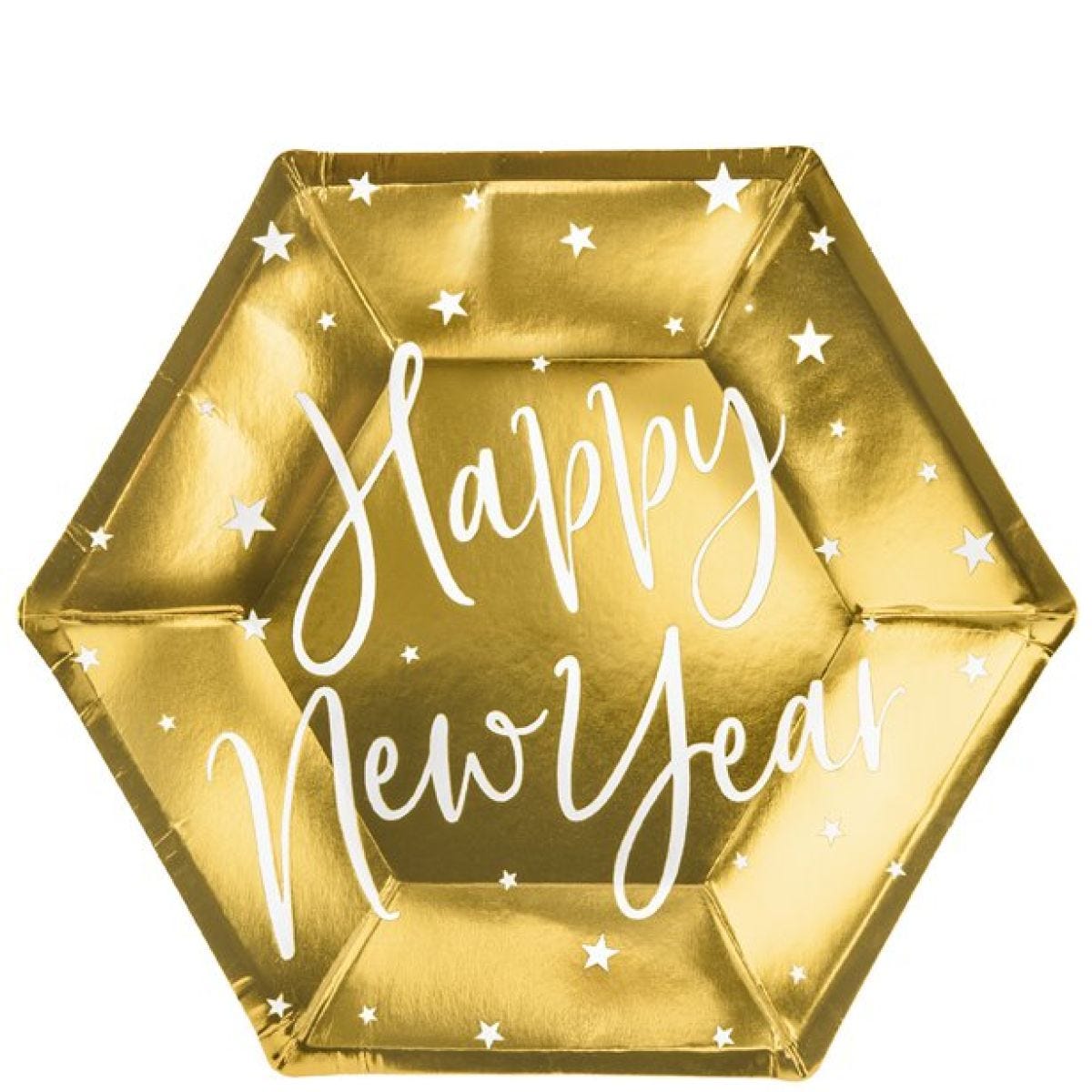 Happy New Year Metallic Gold Paper Plate - 18cm (6pk)