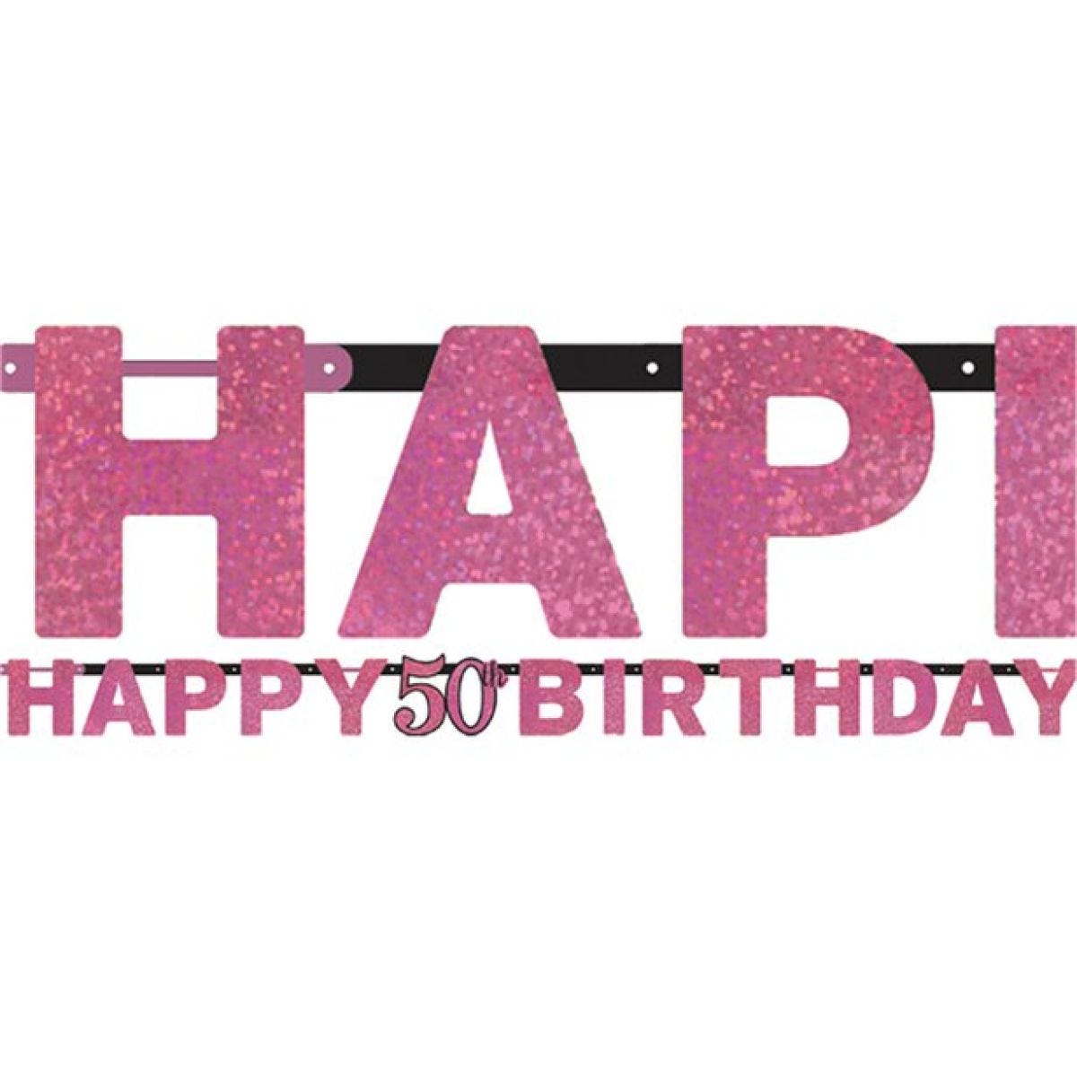 Pink &apos;Happy 50th Birthday&apos; Holographic Paper Letter Banner - 2m