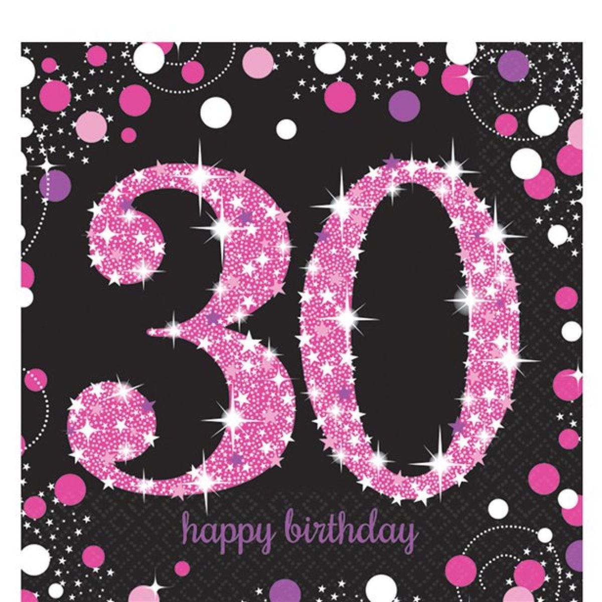 Pink Happy 30th Birthday Paper Napkins - 33cm