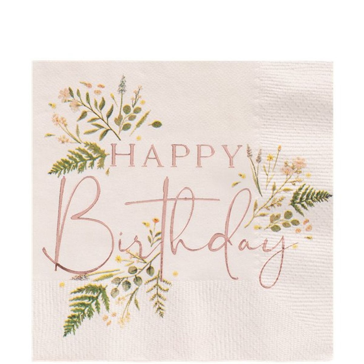 Rose Gold Floral &apos;Happy Birthday&apos; Paper Napkins - 33cm (16pk)