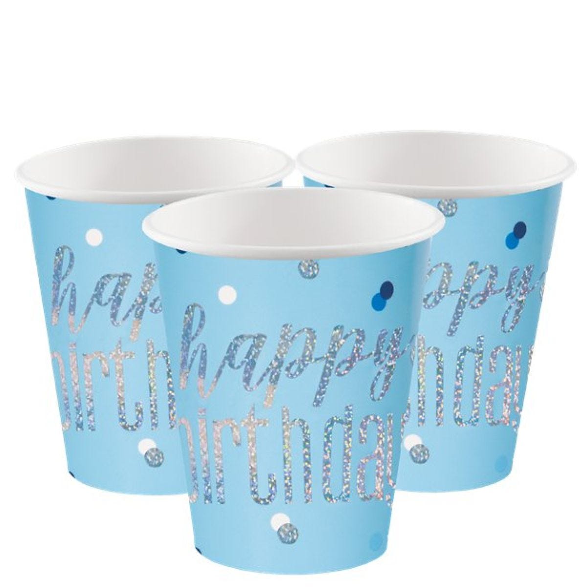 Blue Holographic &apos;Happy Birthday&apos; Paper Cups - 266ml