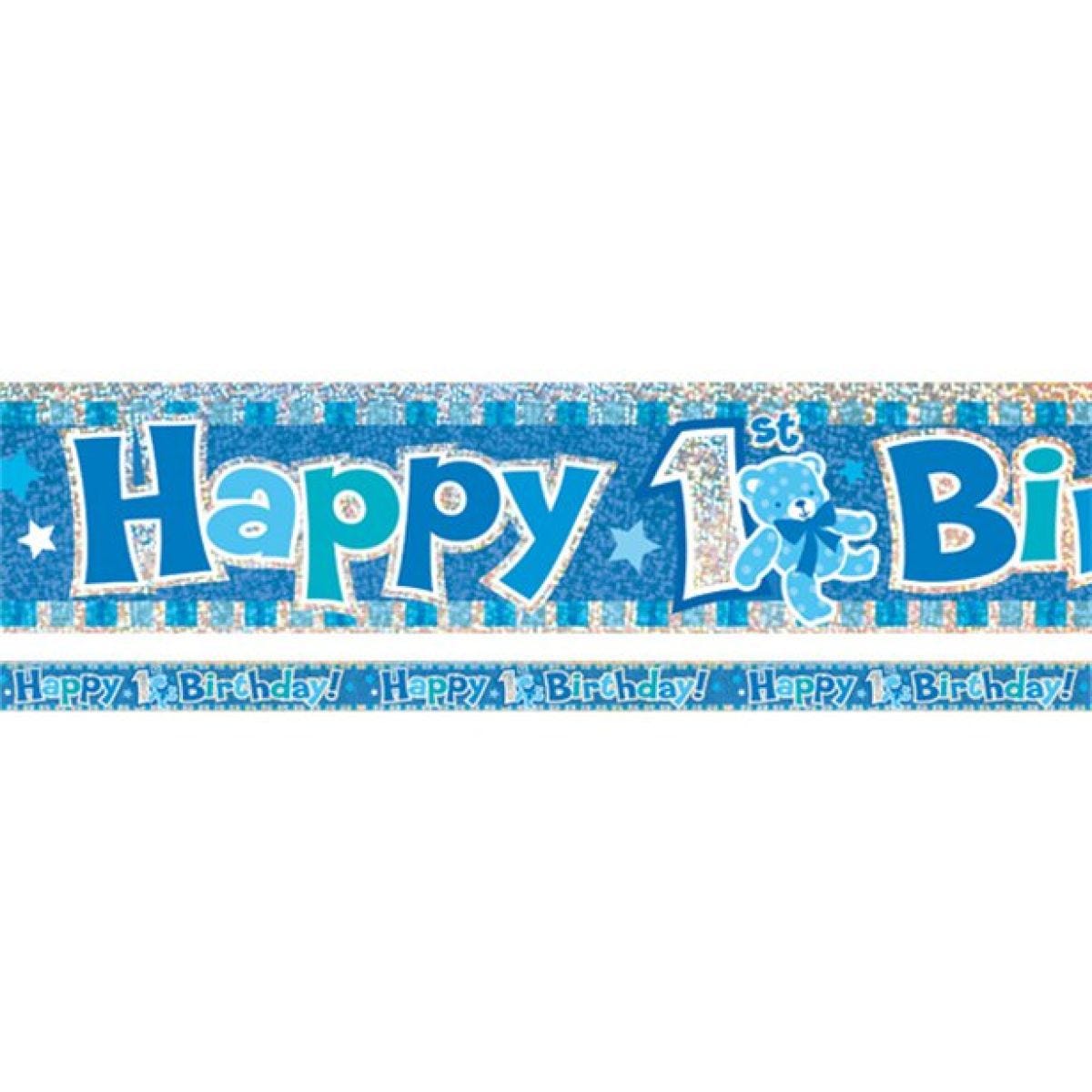 Blue &apos;Happy 1st Birthday&apos; Holographic Foil Banner - 3.7m