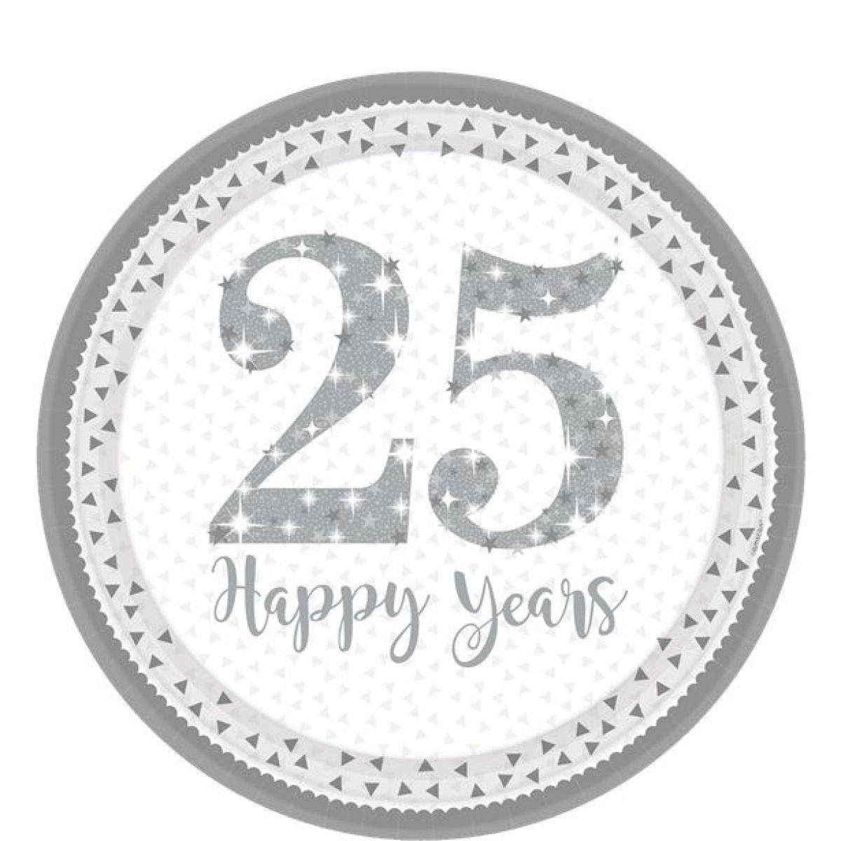 25th Silver Sparkling Wedding Anniversary Plates - 23cm Paper Plates (8pk)