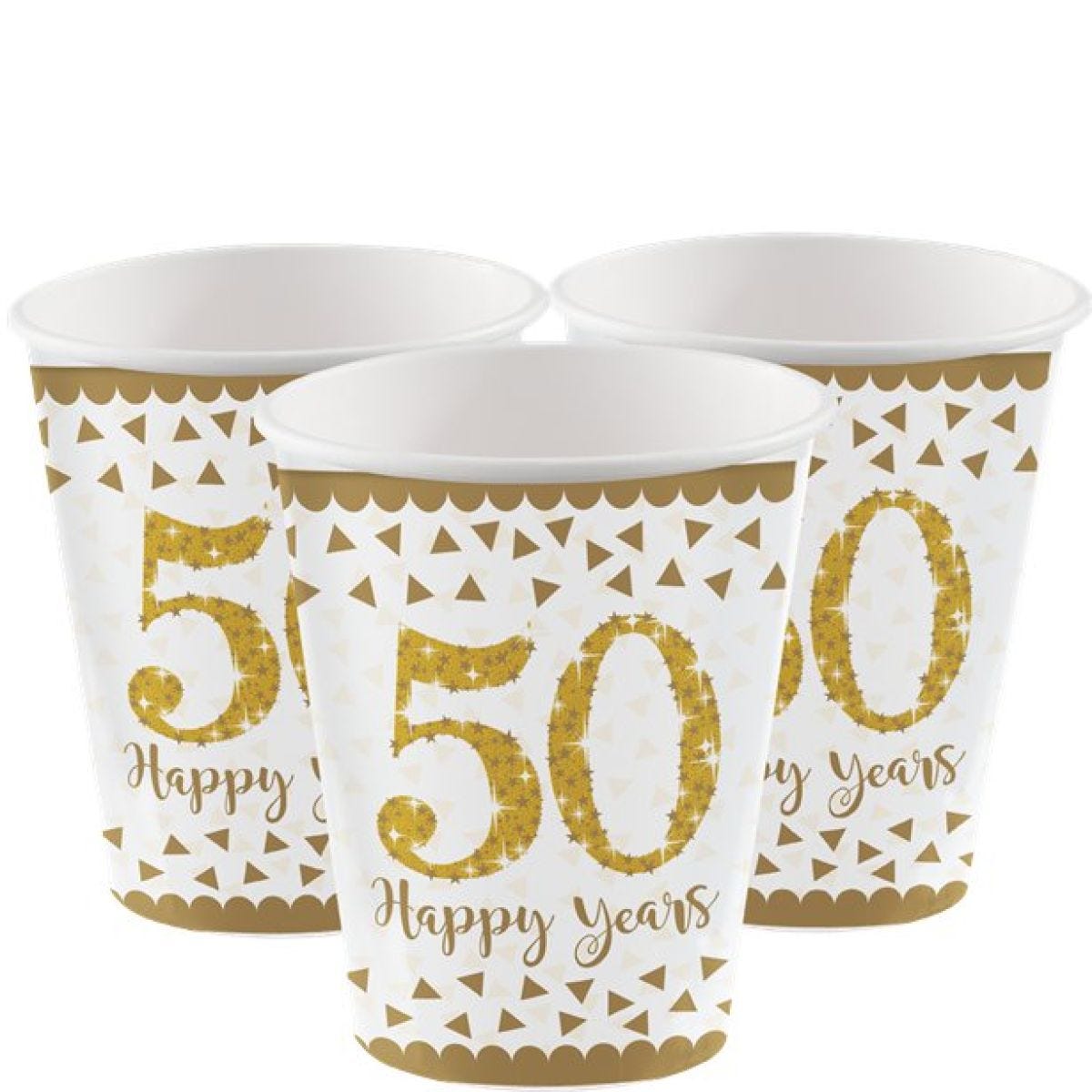 50th Gold Sparkling Wedding Anniversary Paper Cups - 266ml