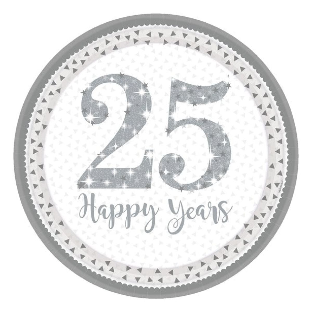 25th Silver Sparkling Wedding Anniversary Plates - 23cm Paper Plates (8pk)