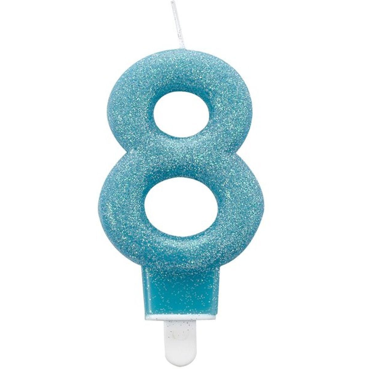 Blue Glitter Number 8 Candle - 7.5cm