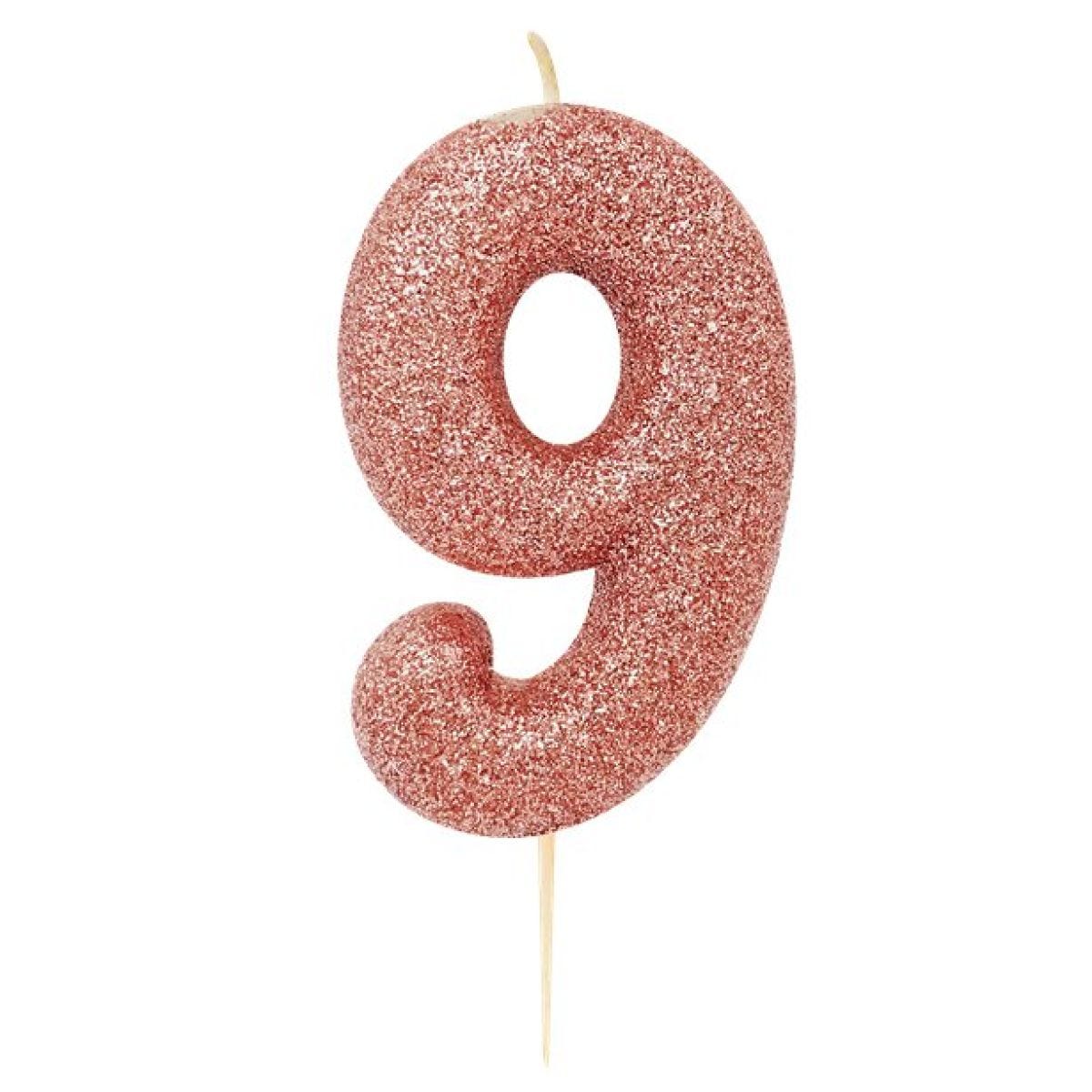 Rose Gold Glitter Number 9 Candle - 7cm