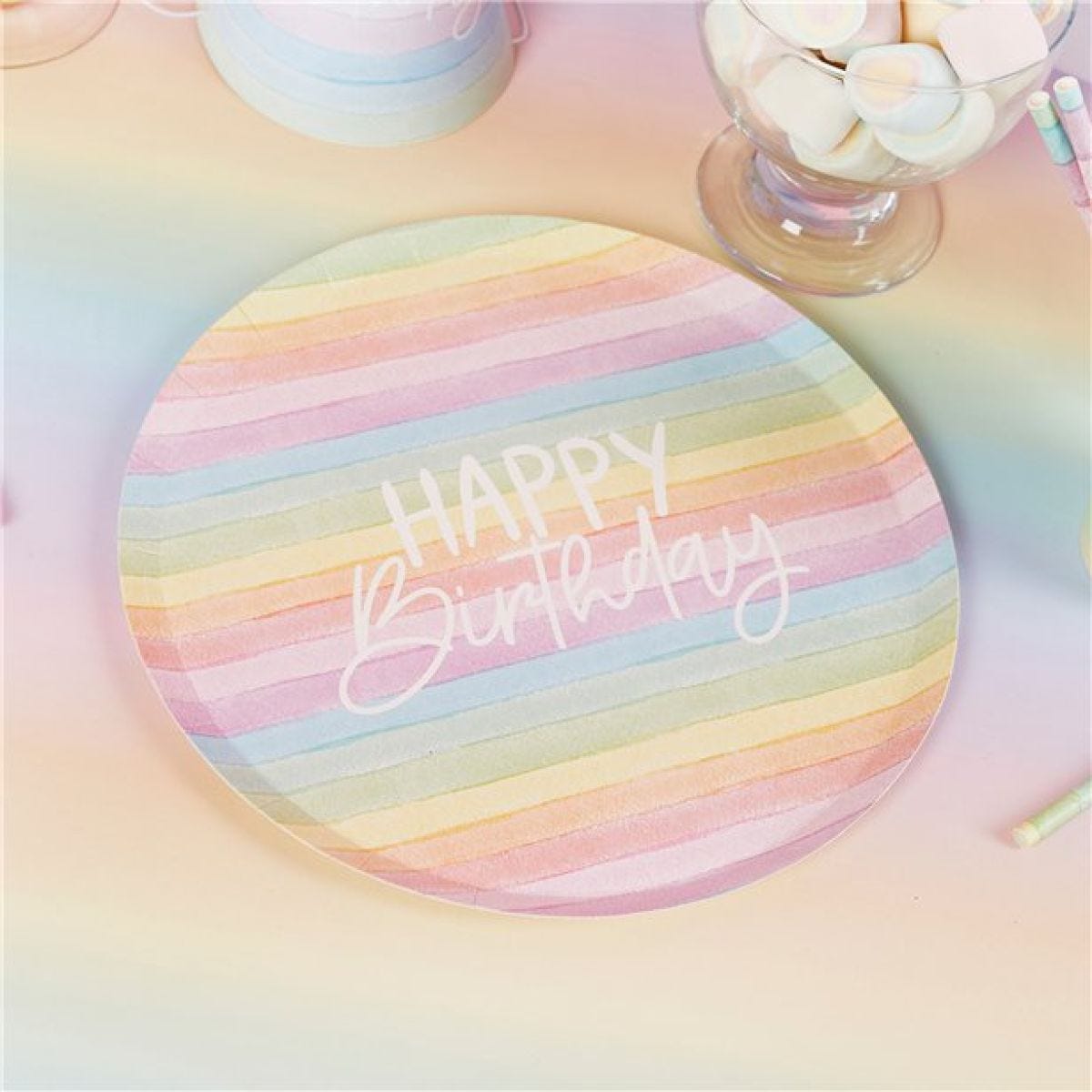 Eco Pastel Rainbow Happy Birthday Paper Plates - 23cm (8pk)