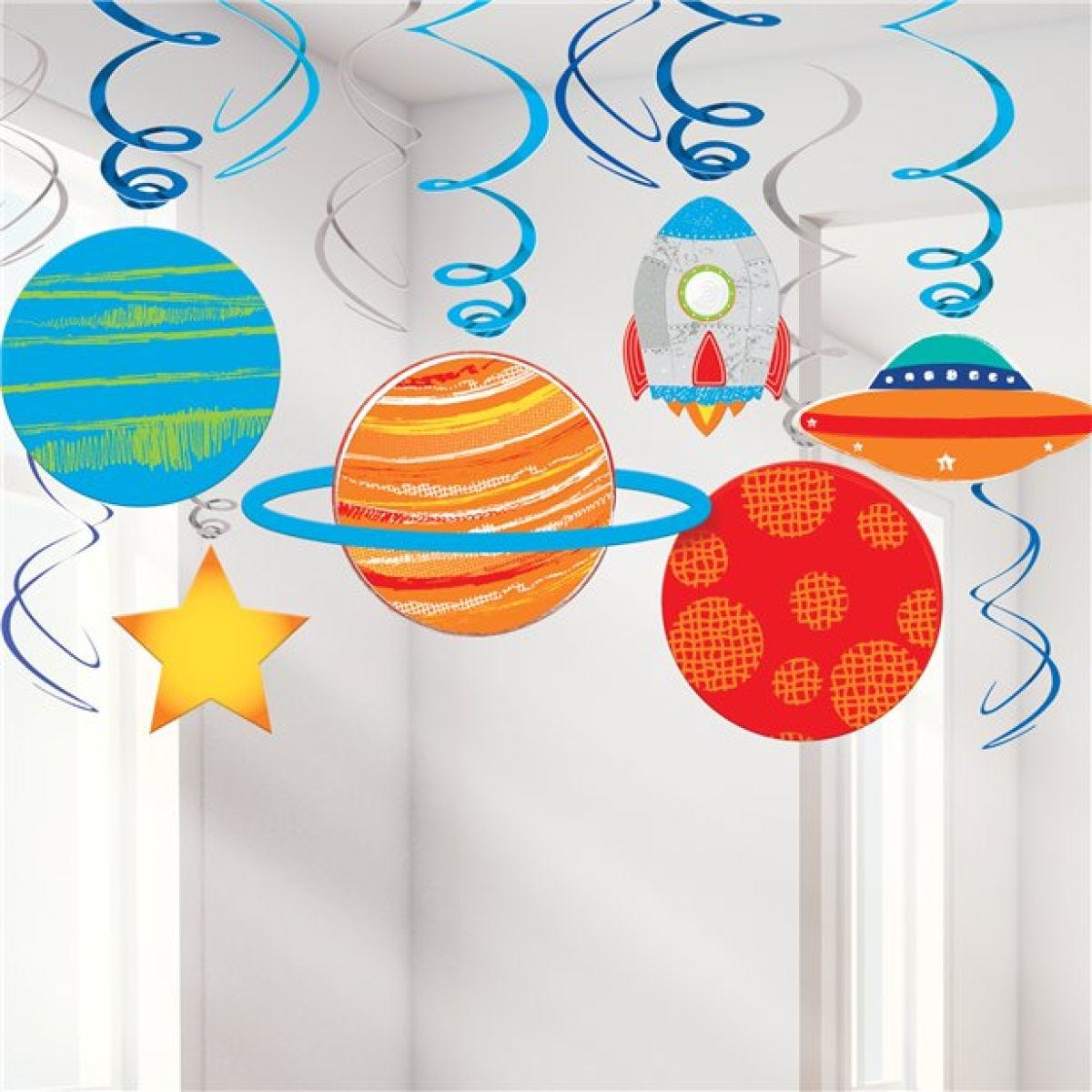 Blast Off Birthday Swirl Decorations (12pk)