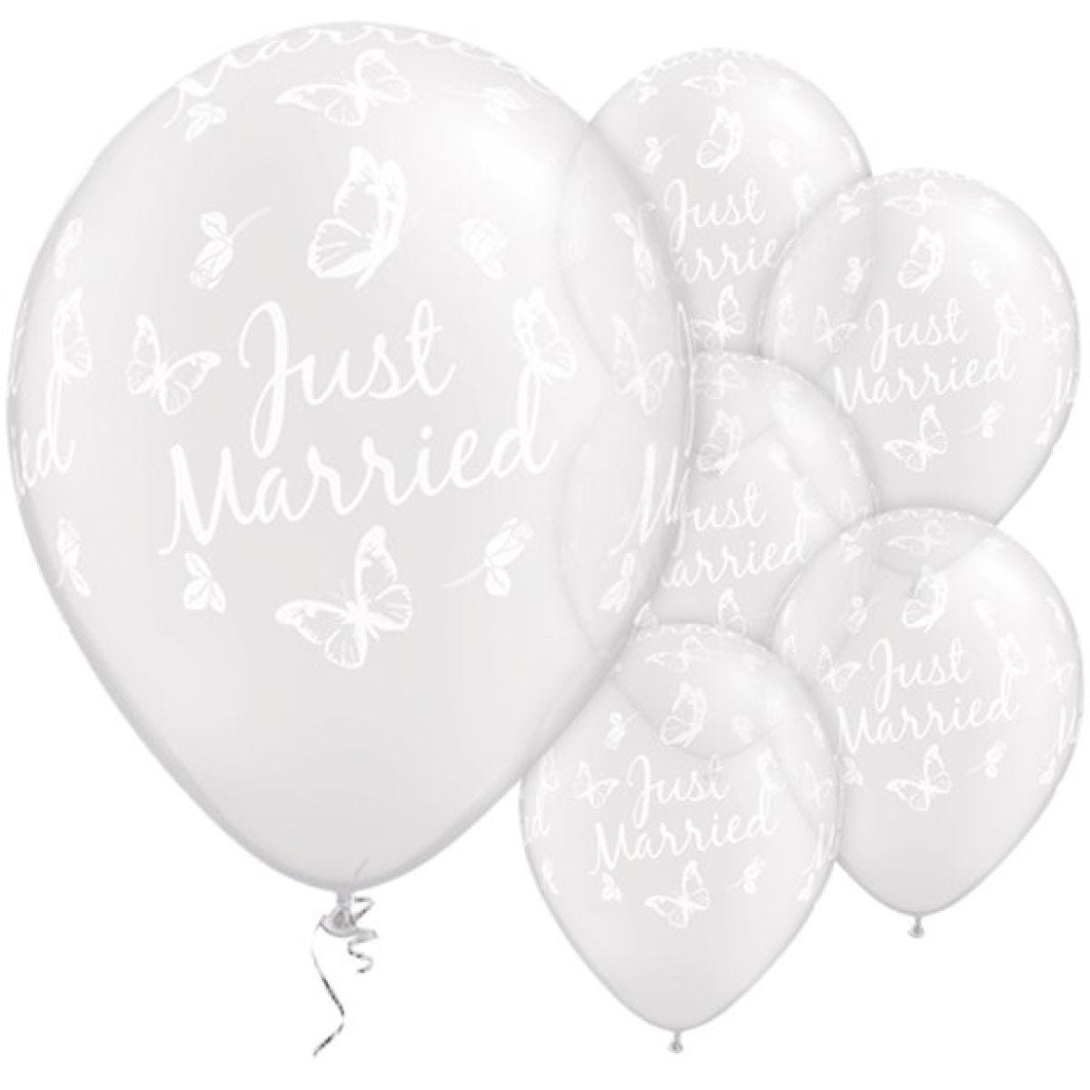 Just Married Butterflies Diamond Clear Wedding Balloons - 11" Latex