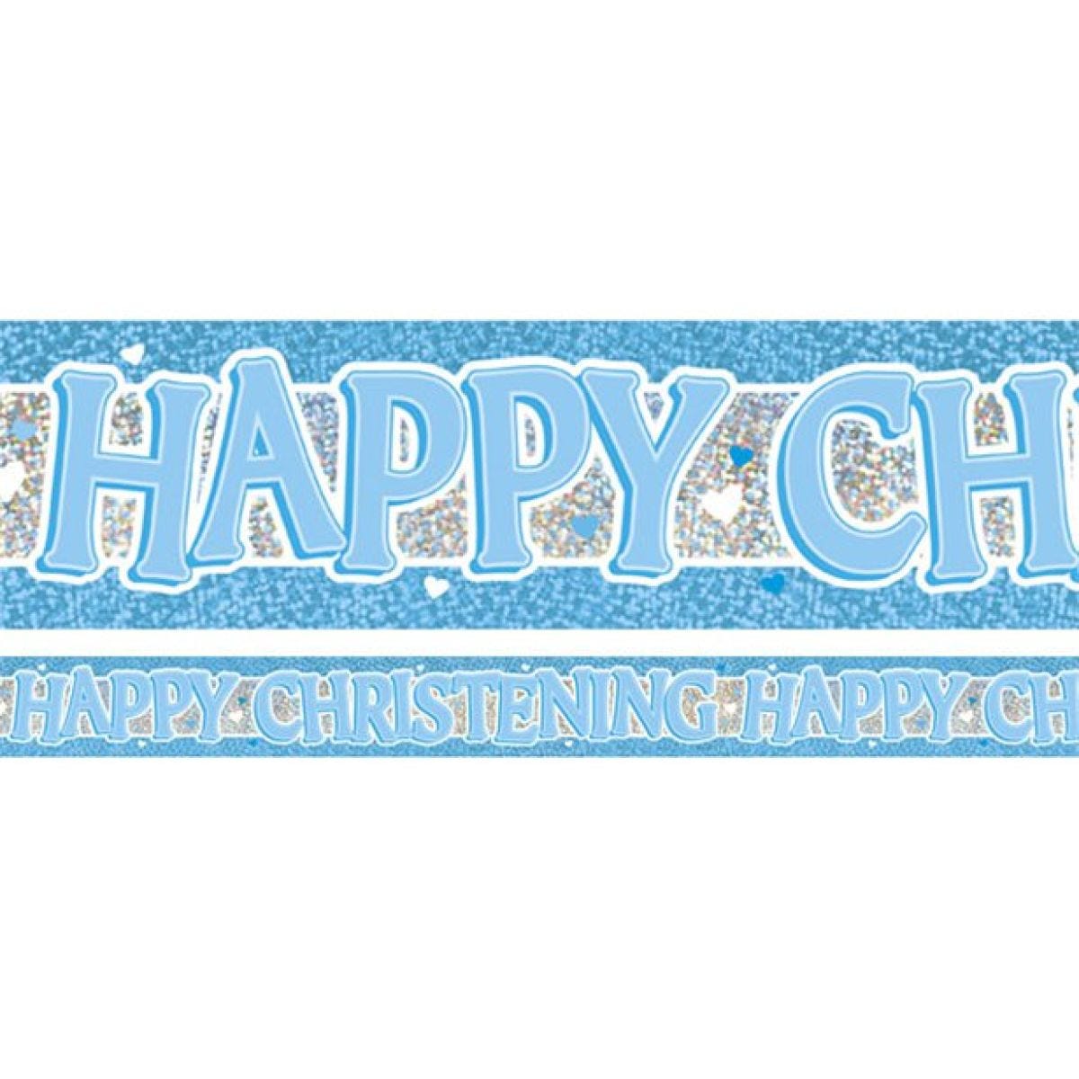 Blue &apos;Happy Christening&apos; Holographic Foil Banner - 3.7m