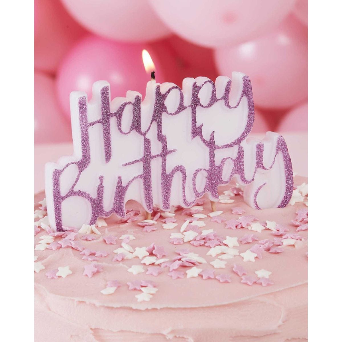 Pink Glitter Happy Birthday Candle - 12cm