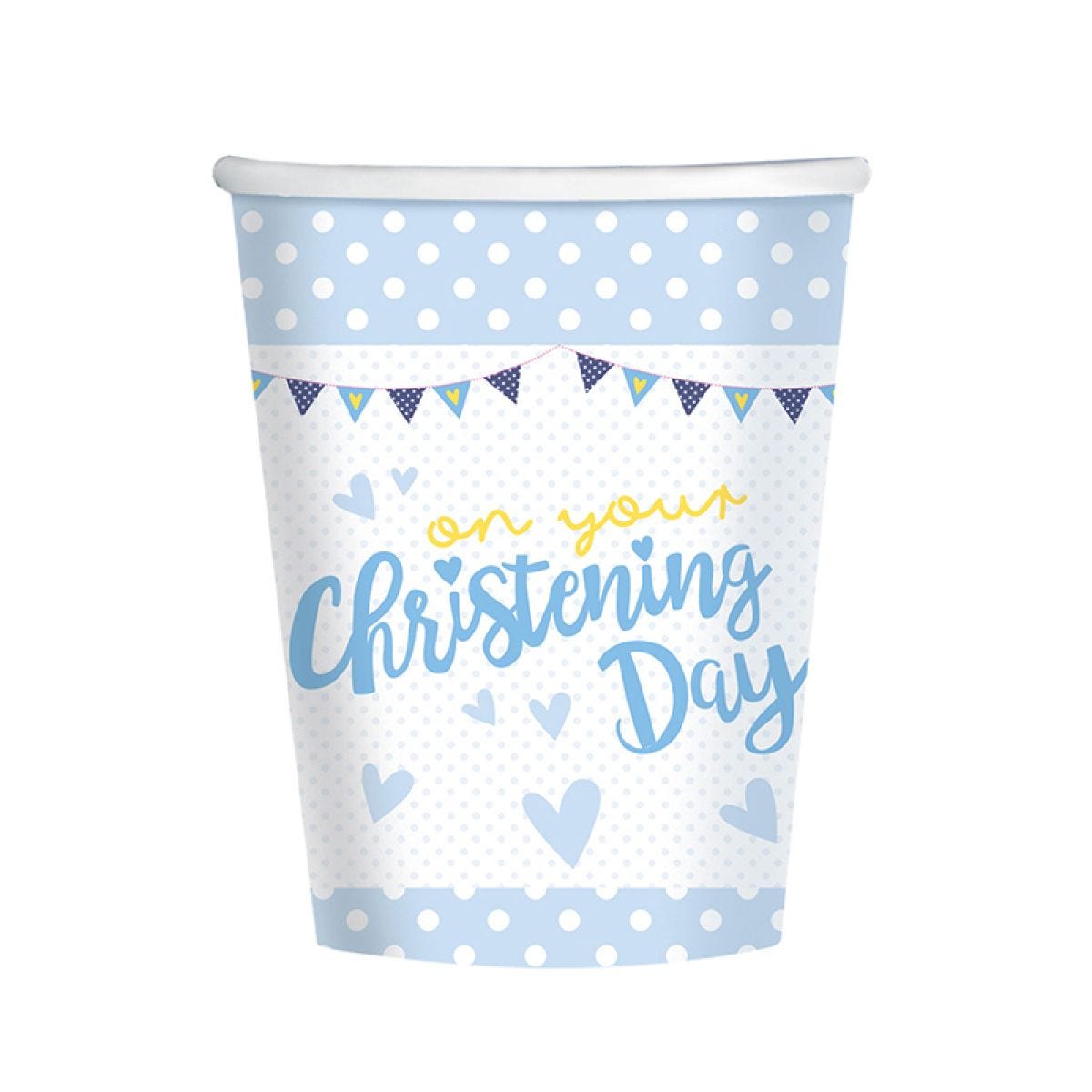 Christening Day Blue Cups - 266ml Paper Party Cups (8pk)