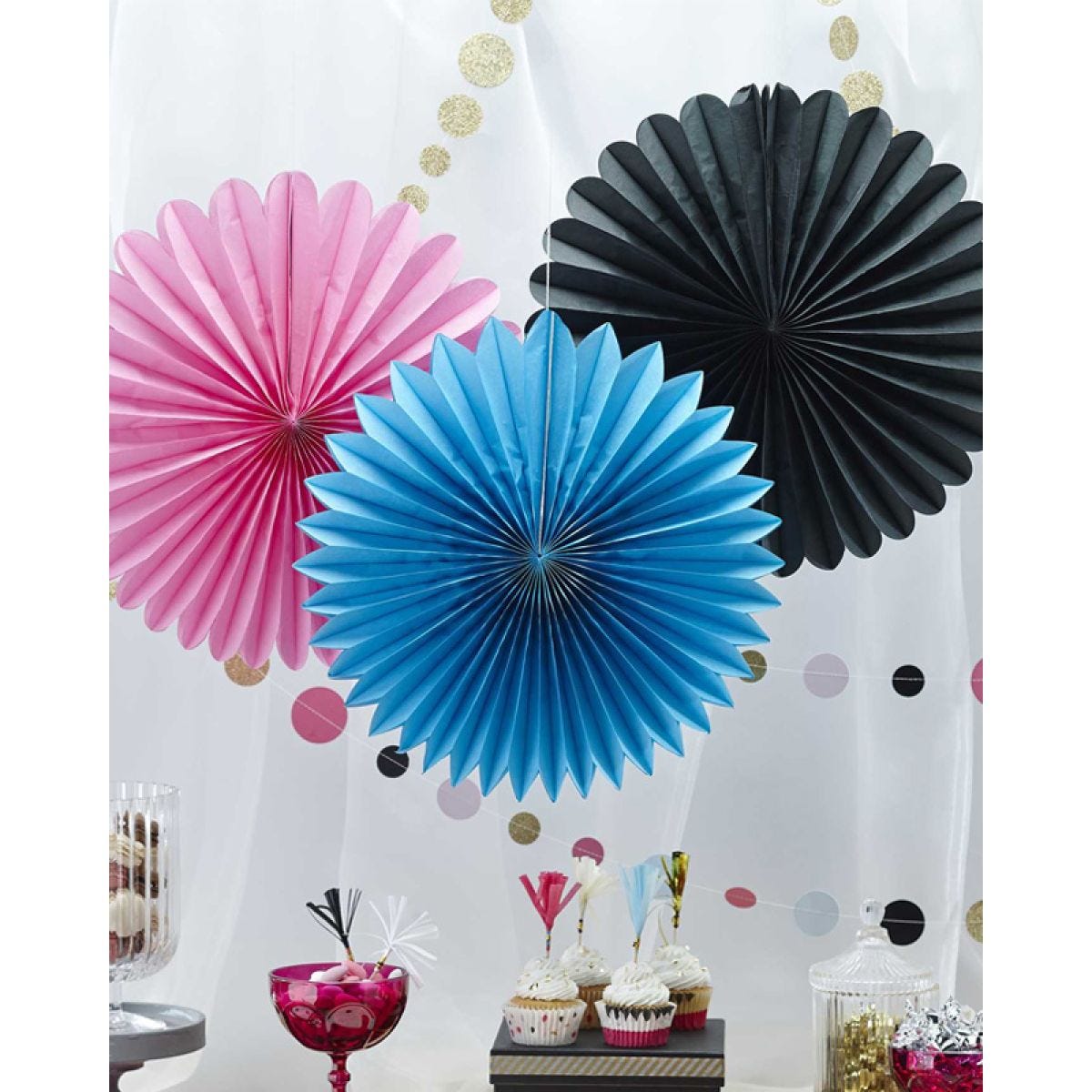 Pink, Black & Blue Paper Wall Fan Decorations (3pk)