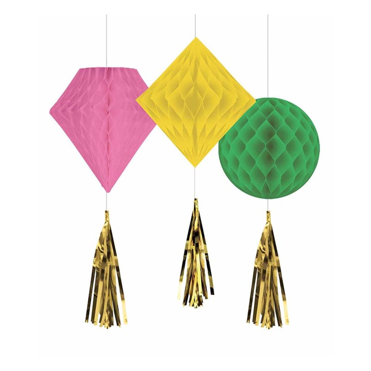 Pink Yellow Green Paper Honeycomb Decorations (3pk)