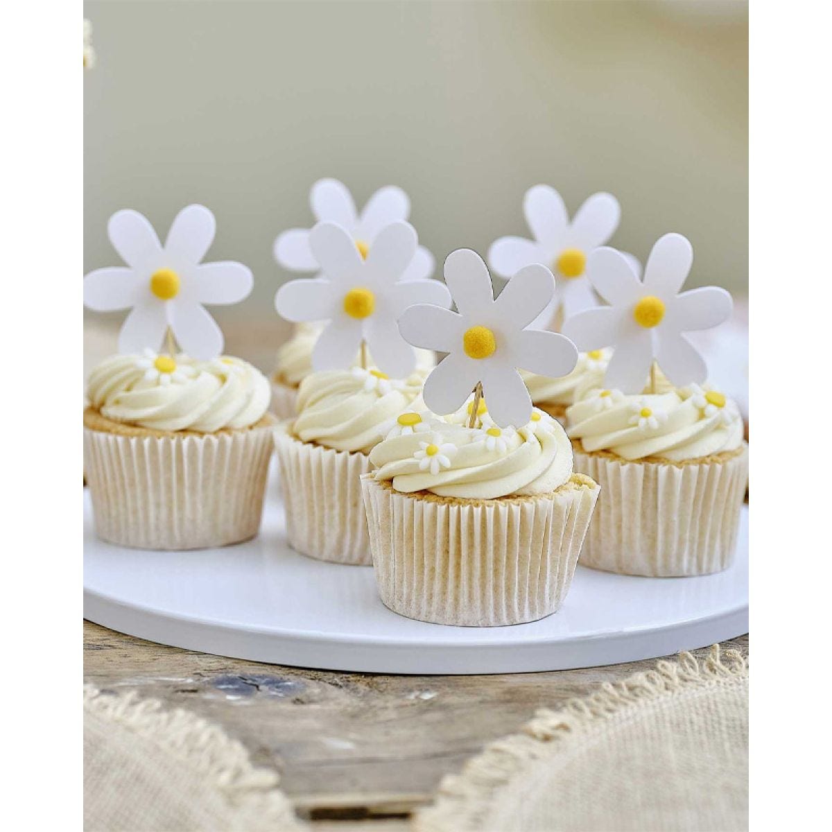 Ditsy Daisy Paper Daisies Cupcake Toppers with Pom Poms (12pk)