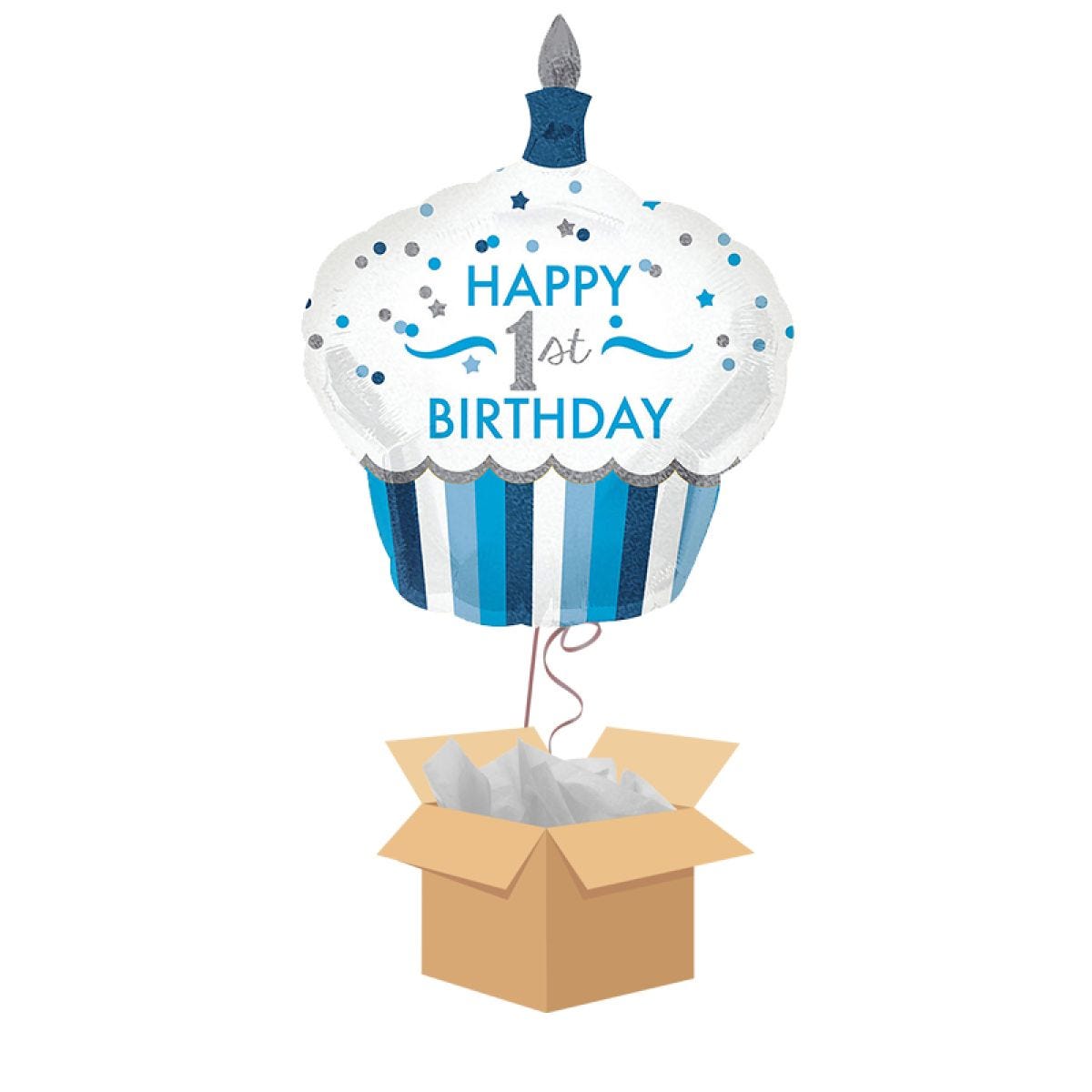 Blue First Birthday Cupcake Shaped Supershape Balloon - Delivered Inflated