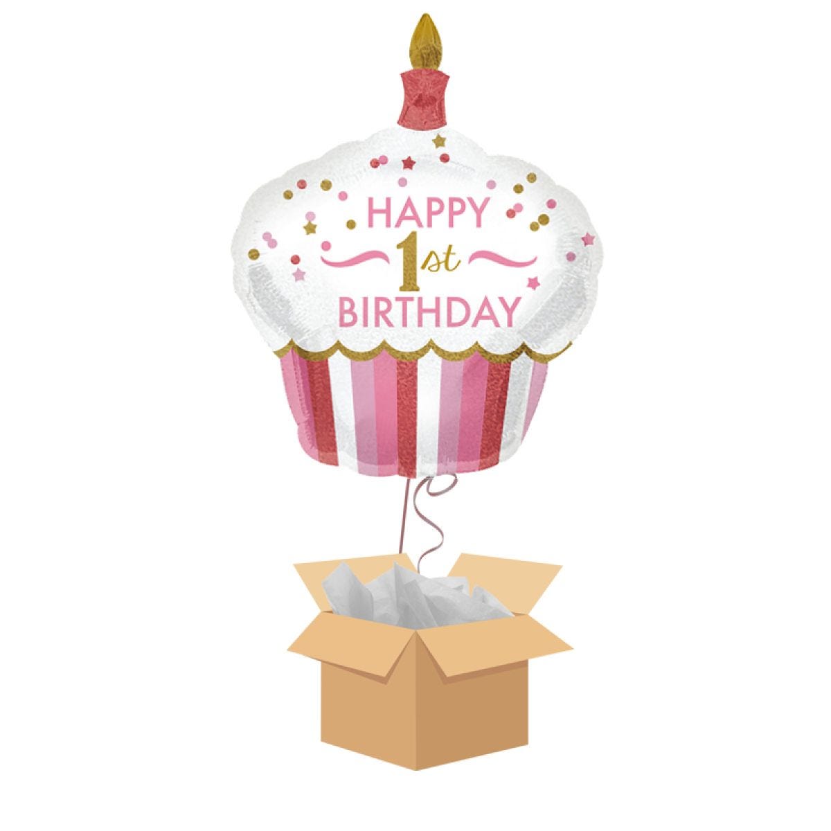 Pink First Birthday Cupcake Shaped Supershape Balloon - Delivered Inflated