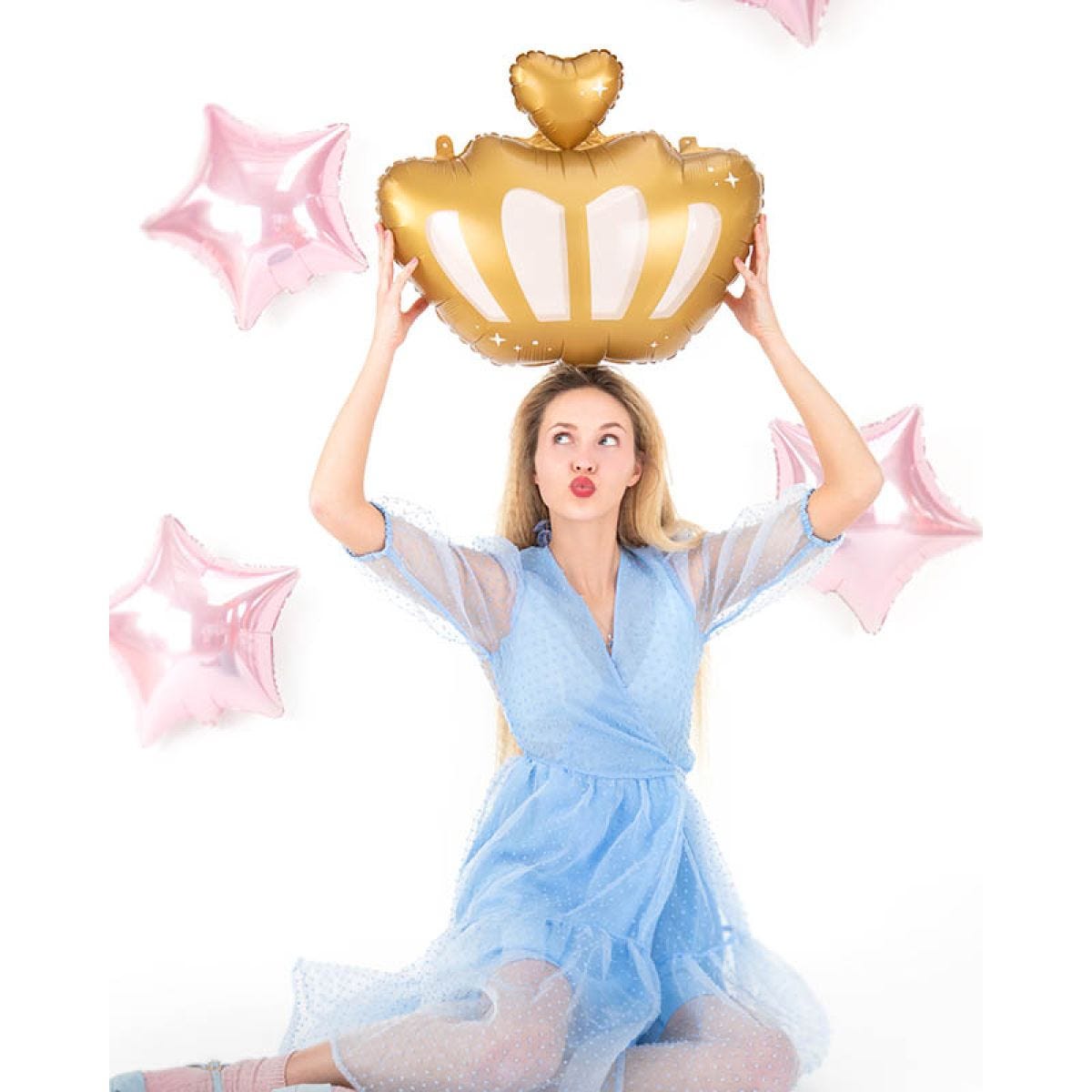 White & Gold Crown Shape Balloon - 20" Foil