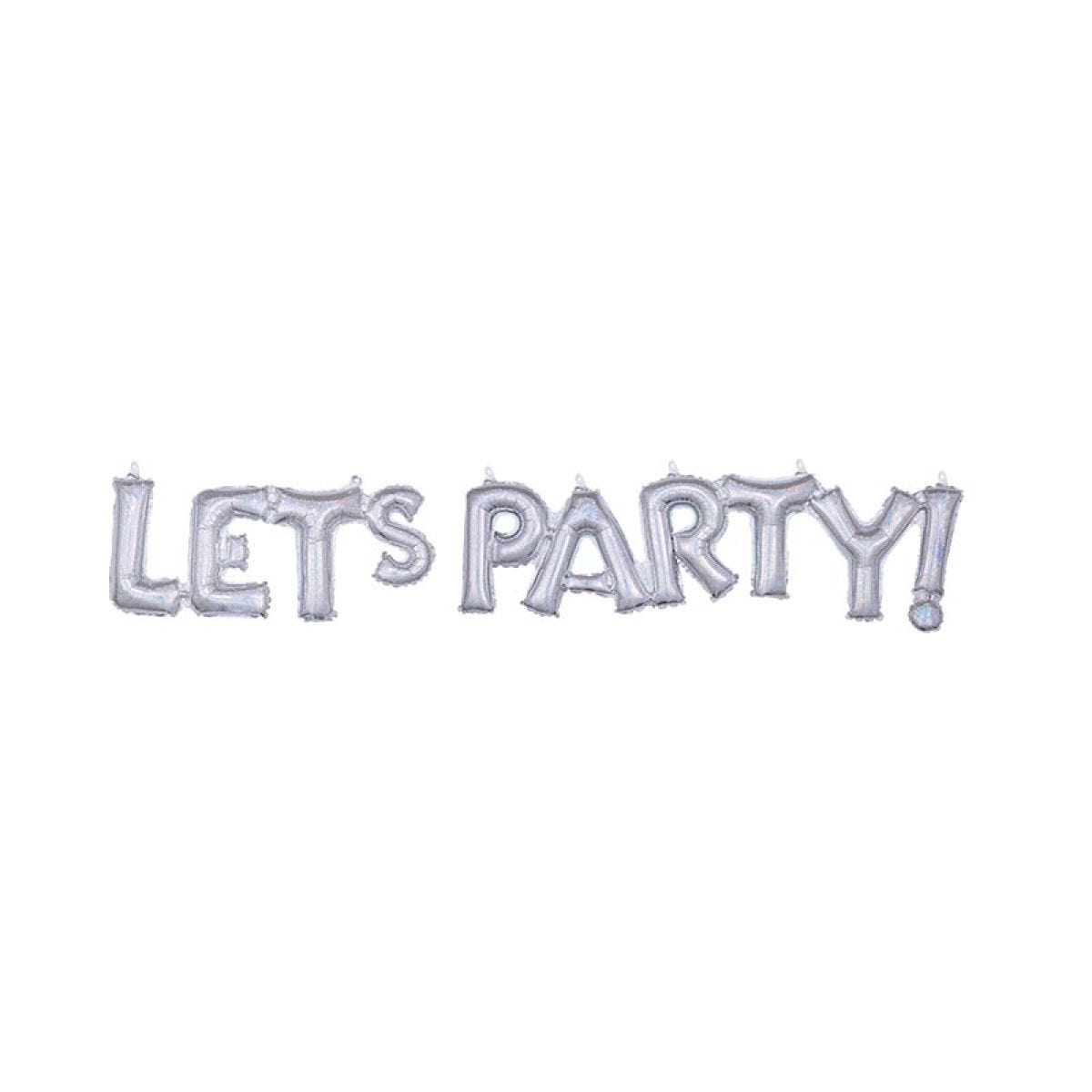 "Let&apos;s Party" Silver Holographic Phrase Balloon - 21" x 33" Foil