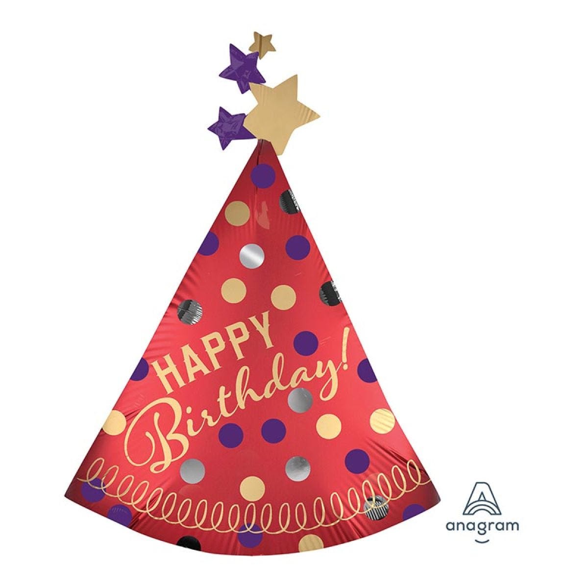 Happy Birthday Red Party Hat Supershape Balloon - 27" x 36" Foil