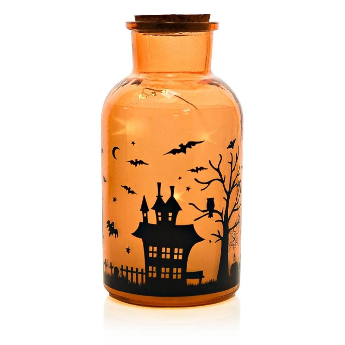 Orange LED Light Up Spooky House Jar - 20cm x 10cm