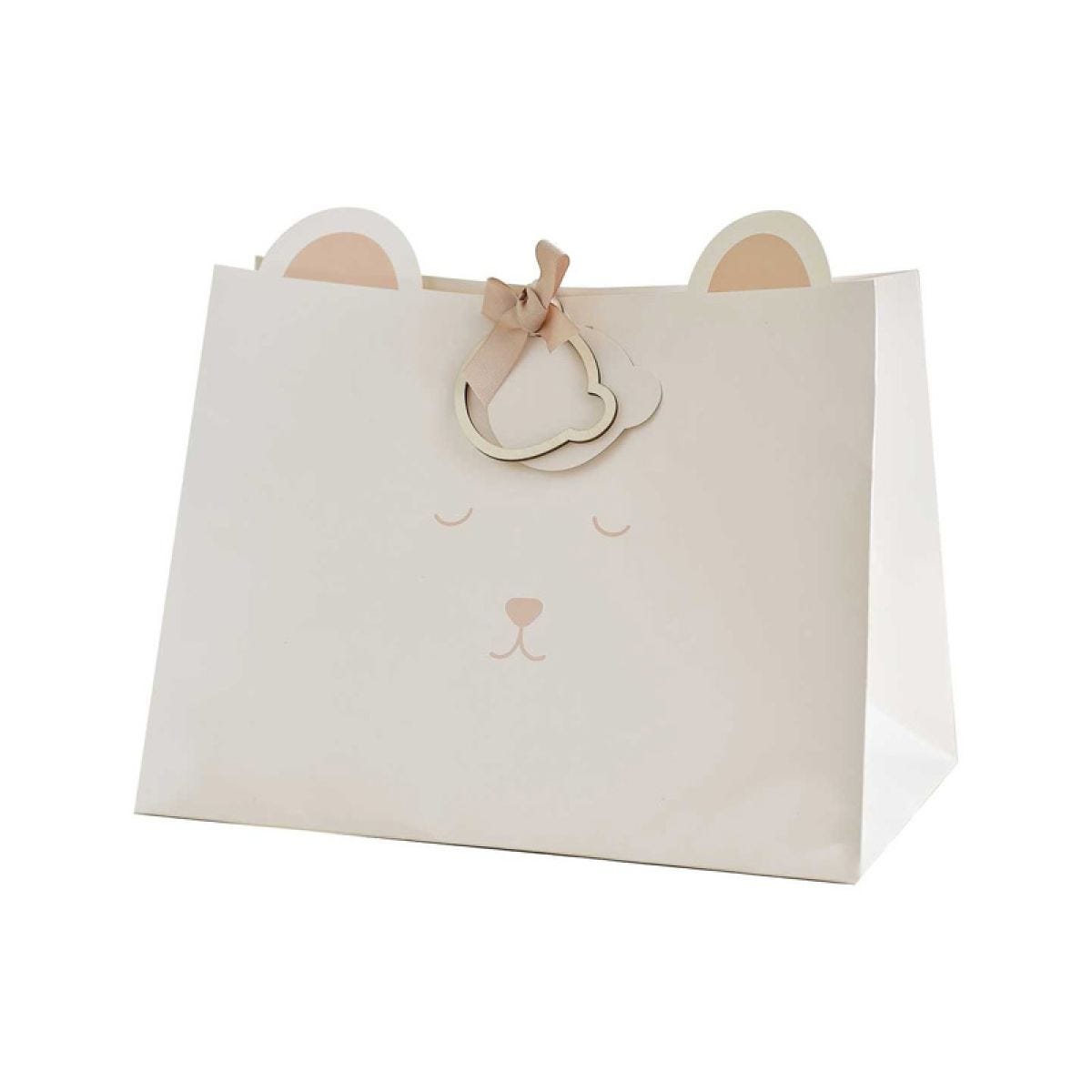 Teddy Bear Baby Shower Gift Bag with Wooden Tag and Ribbon - 27.5cm x 36.3cm