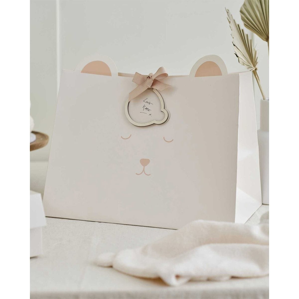 Teddy Bear Baby Shower Gift Bag with Wooden Tag and Ribbon - 27.5cm x 36.3cm