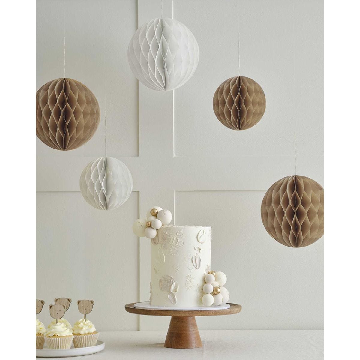 Teddy Bear Neutral Paper Honeycomb Decorations (5pk)