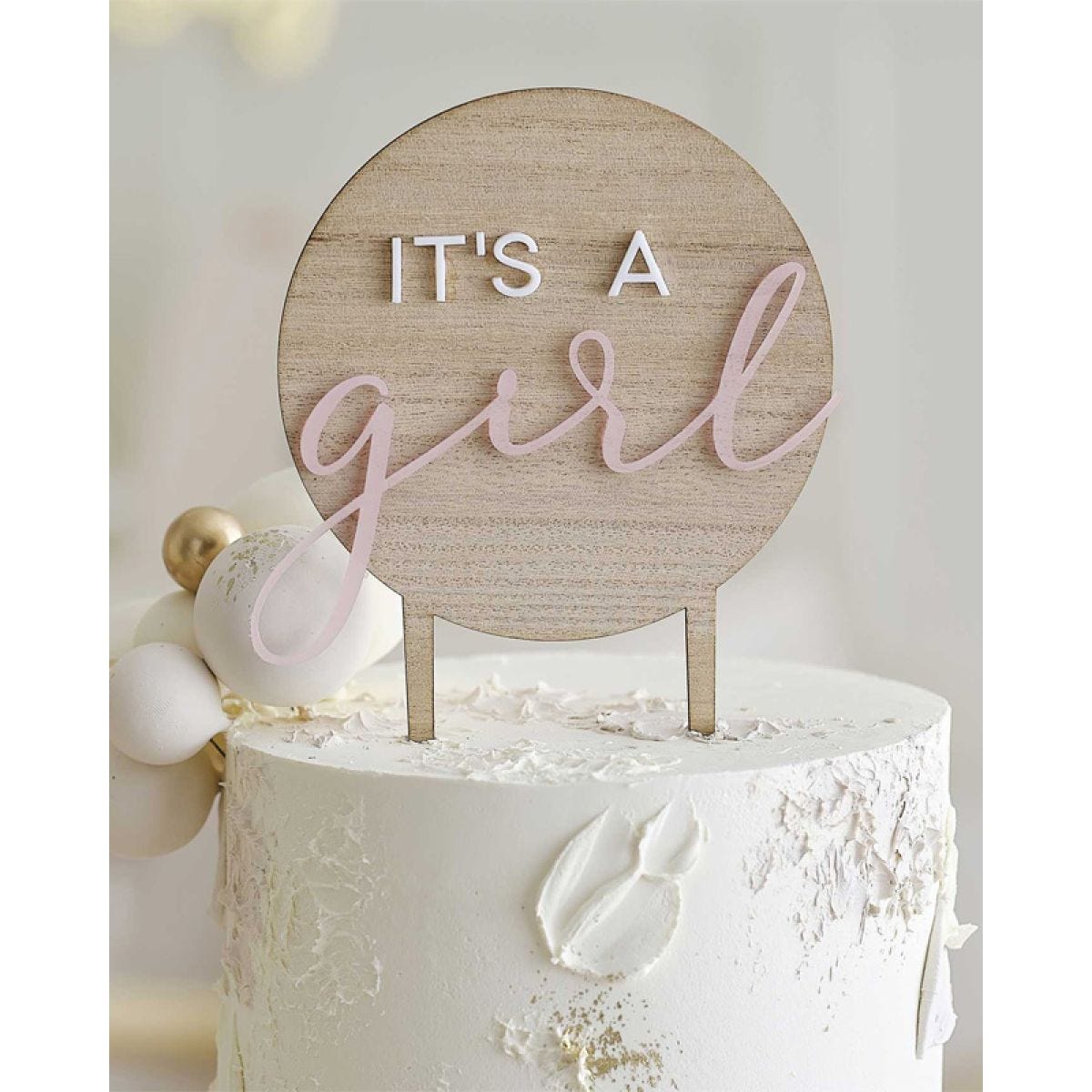 Teddy Bear &apos;It&apos;s a Girl&apos; Wooden Baby Shower Cake Topper - 17.8cm x 12cm