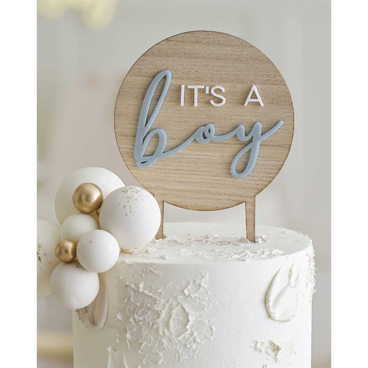 Teddy Bear &apos;It&apos;s a Boy&apos; Wooden Baby Shower Cake Topper - 17.8cm x 12cm