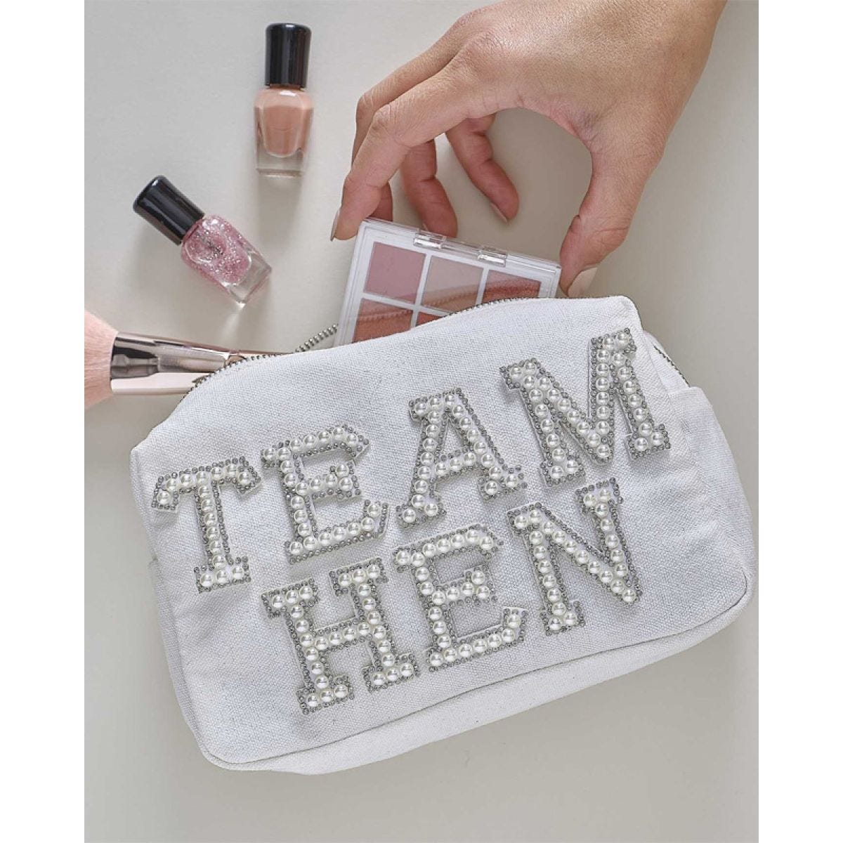Embellished Pearl &apos;Team Hen&apos; Makeup Bag - 20cm x 12cm