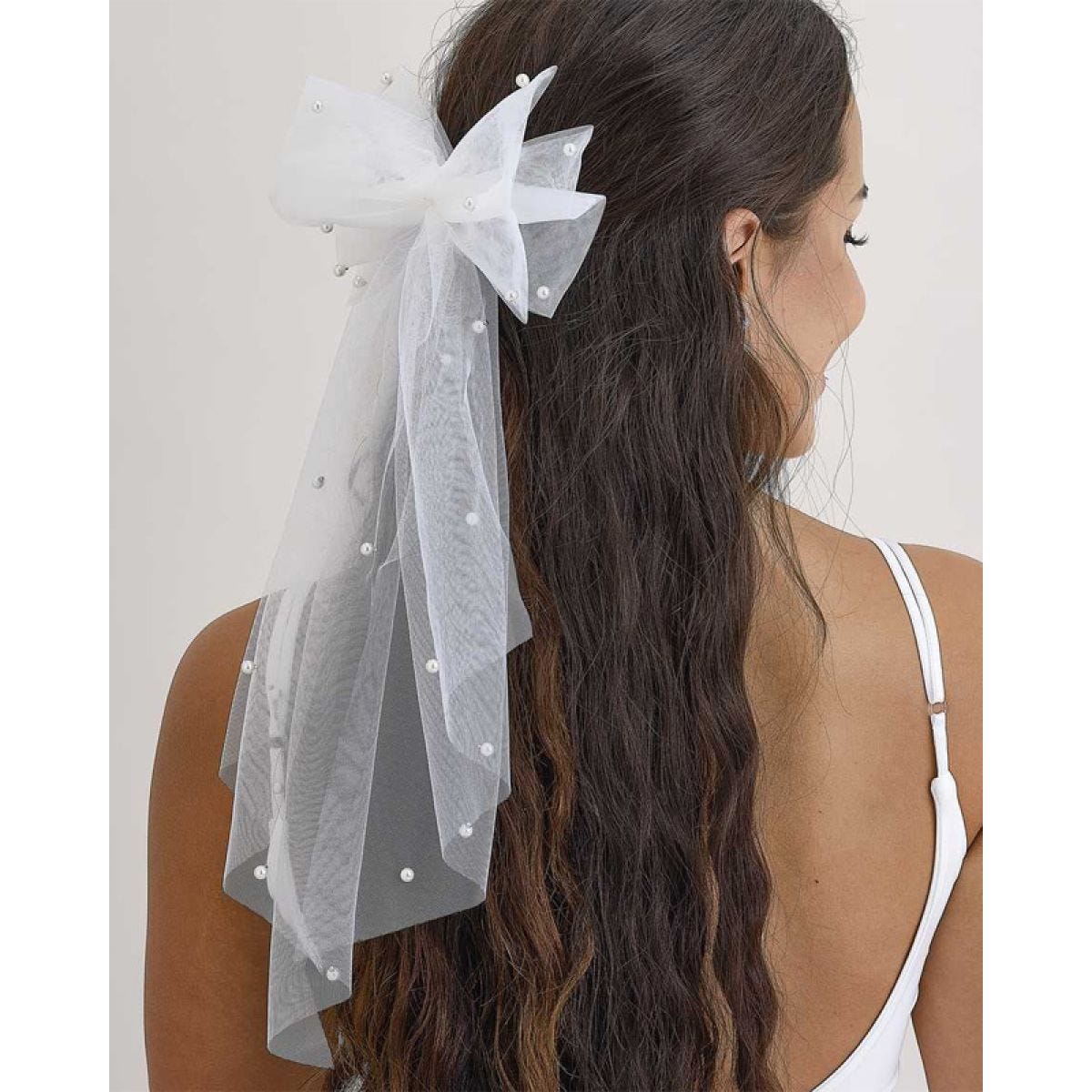 White Hair Bow with Pearls - 46cm